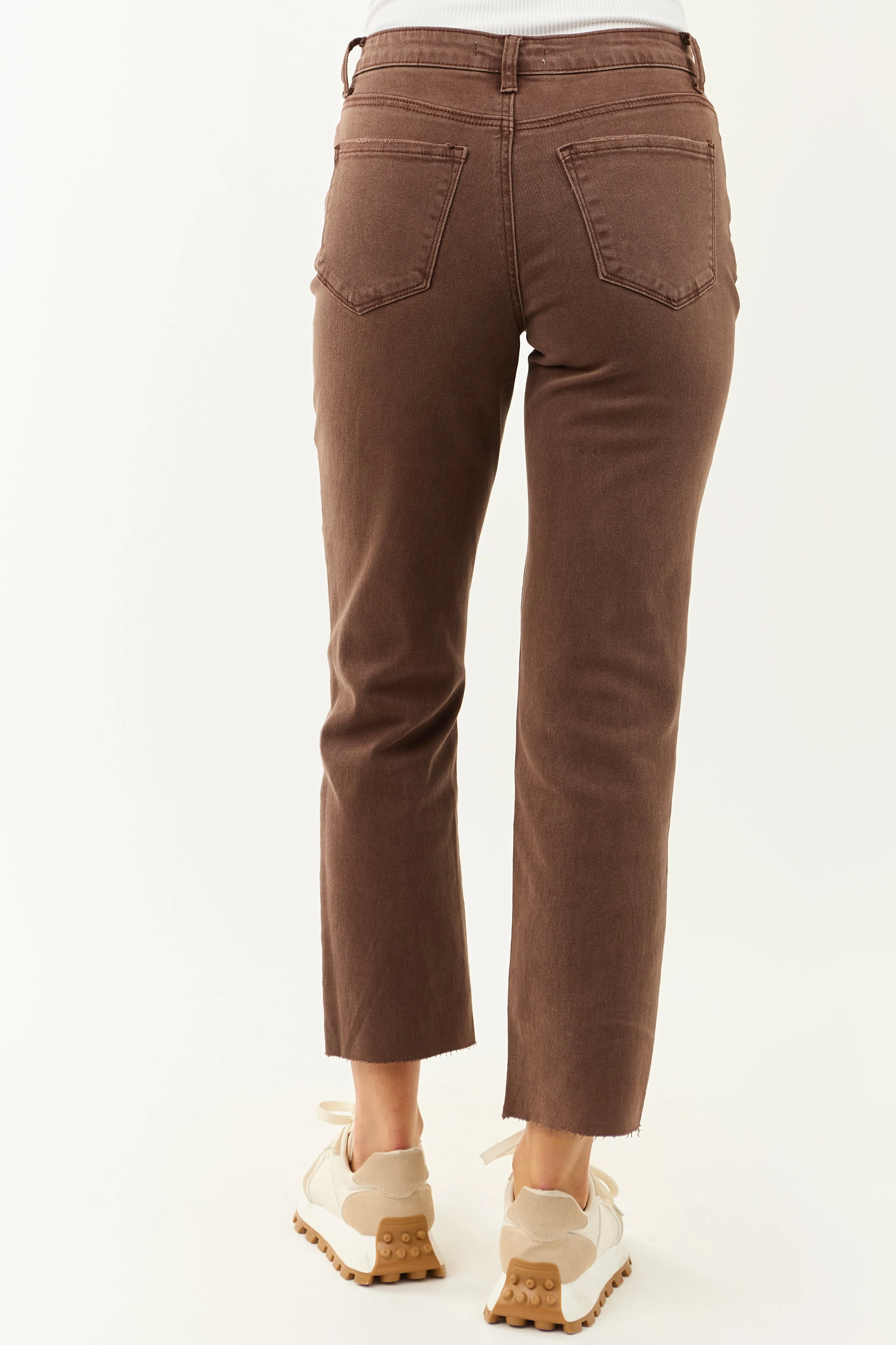 Coffee Cropped High Rise Stretchy Straight Jeans move easy