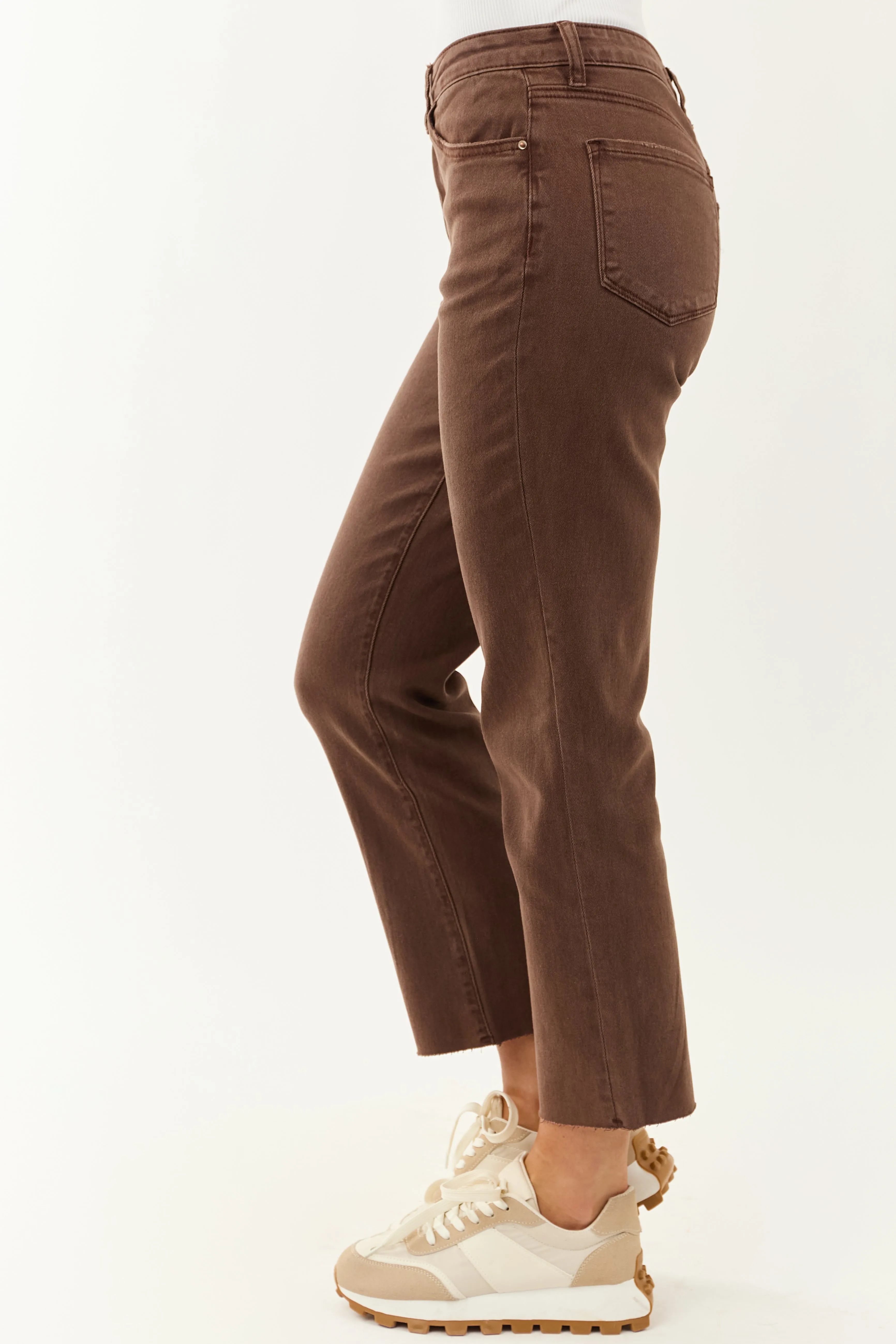 Coffee Cropped High Rise Stretchy Straight Jeans move easy