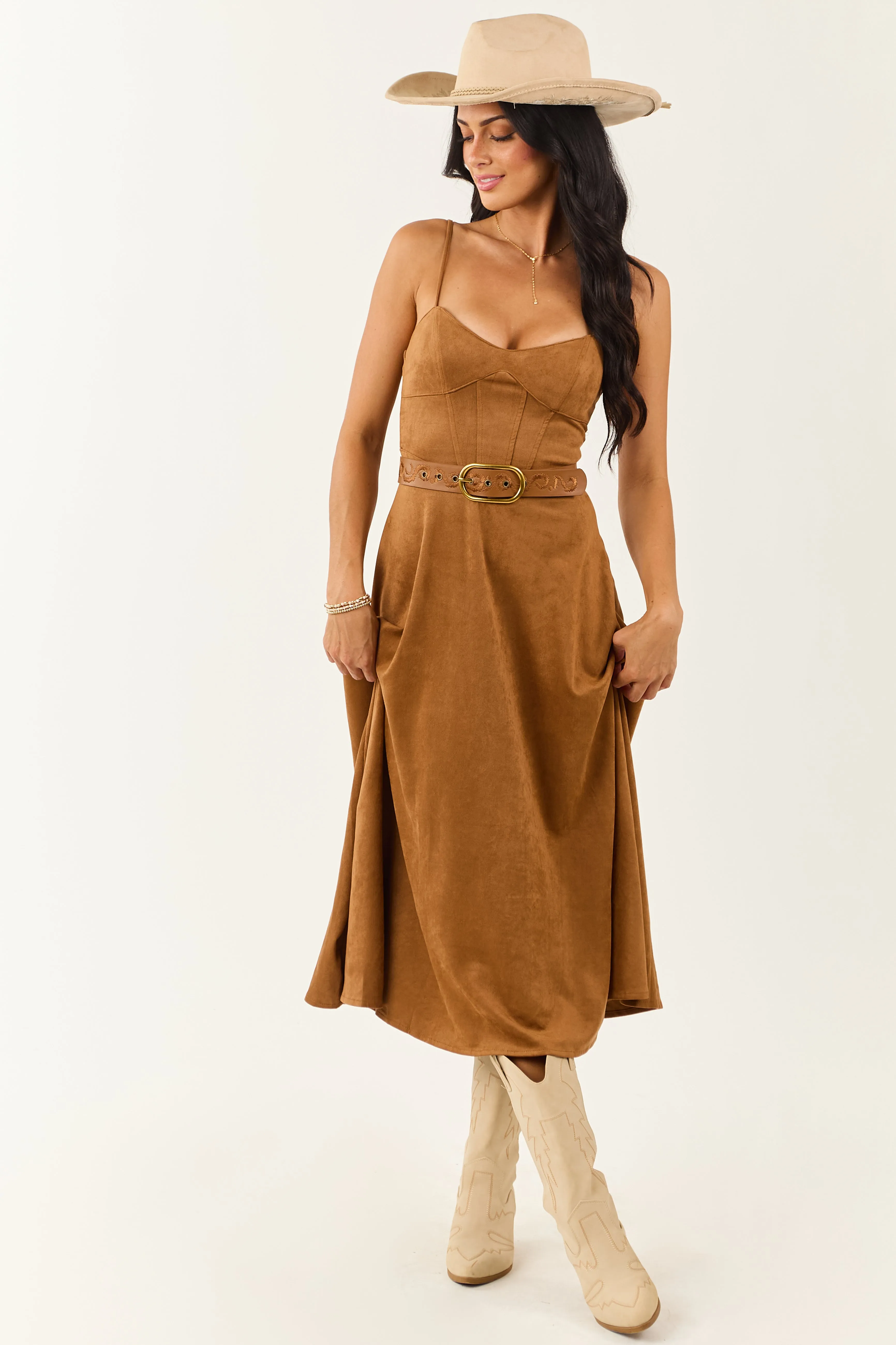 Cognac Faux Suede A-Line Sleeveless Midi Dress lace dress