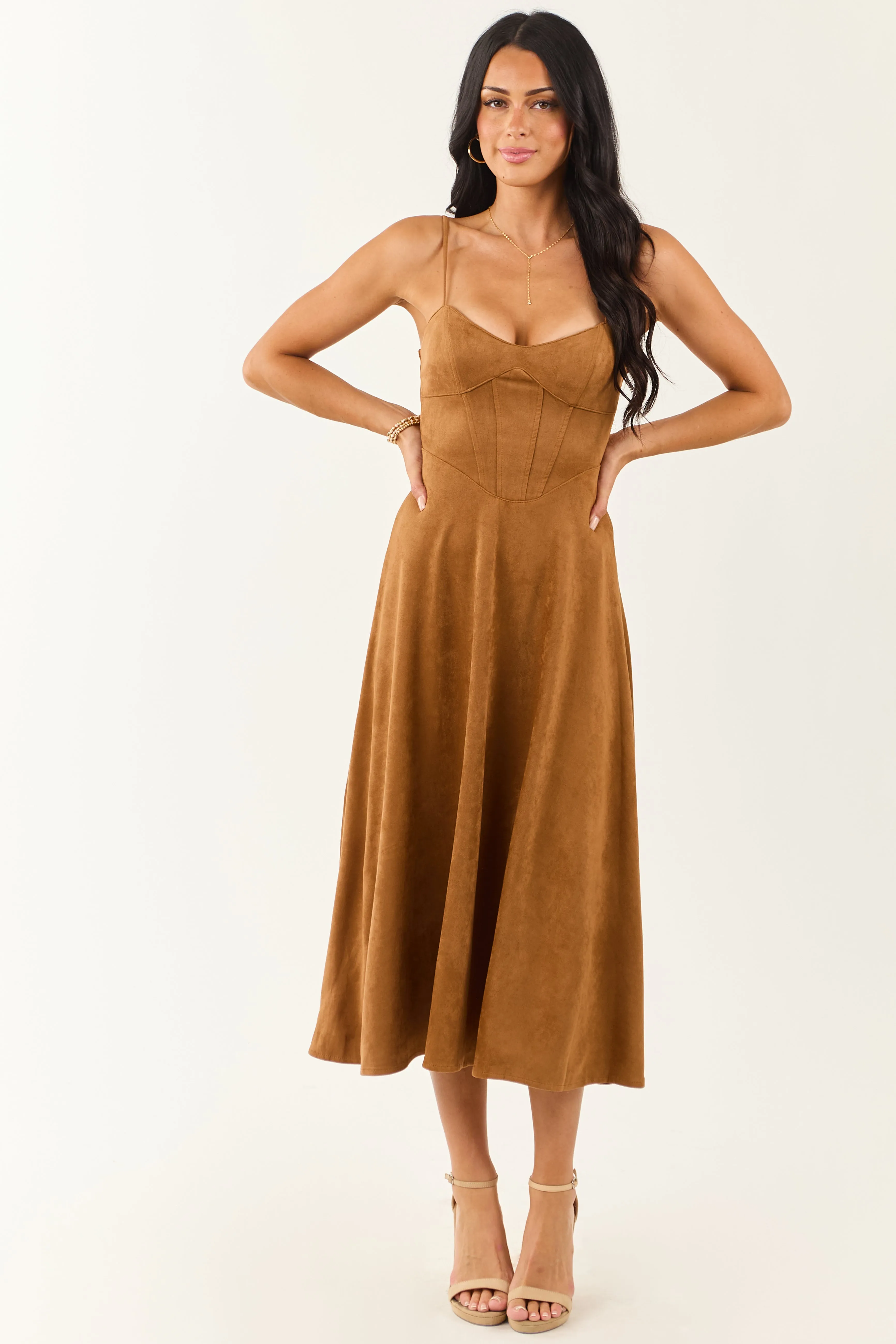Cognac Faux Suede A-Line Sleeveless Midi Dress lace dress