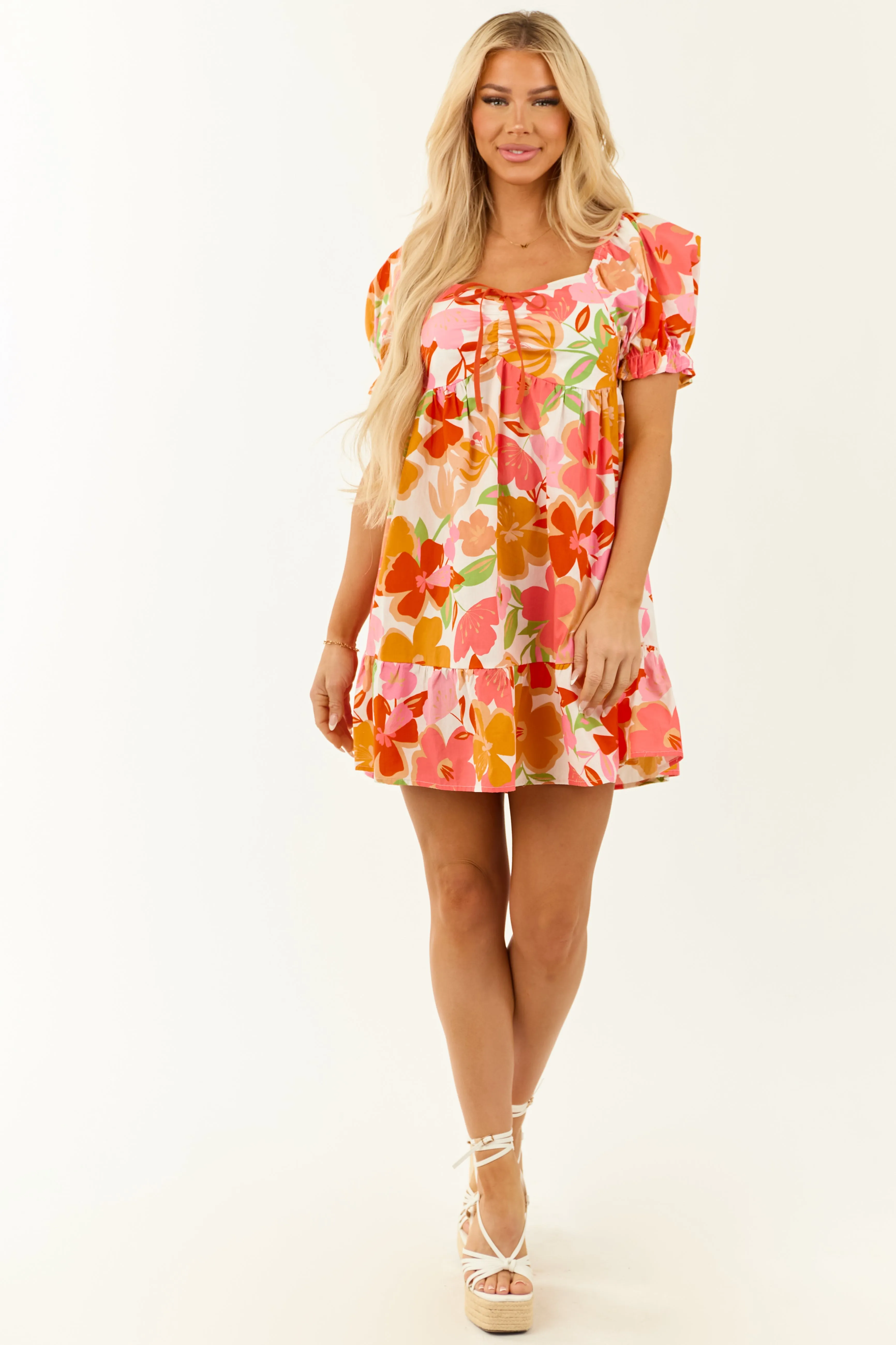 Colorful Floral Print Babydoll Puff Sleeve Mini Dress high neck