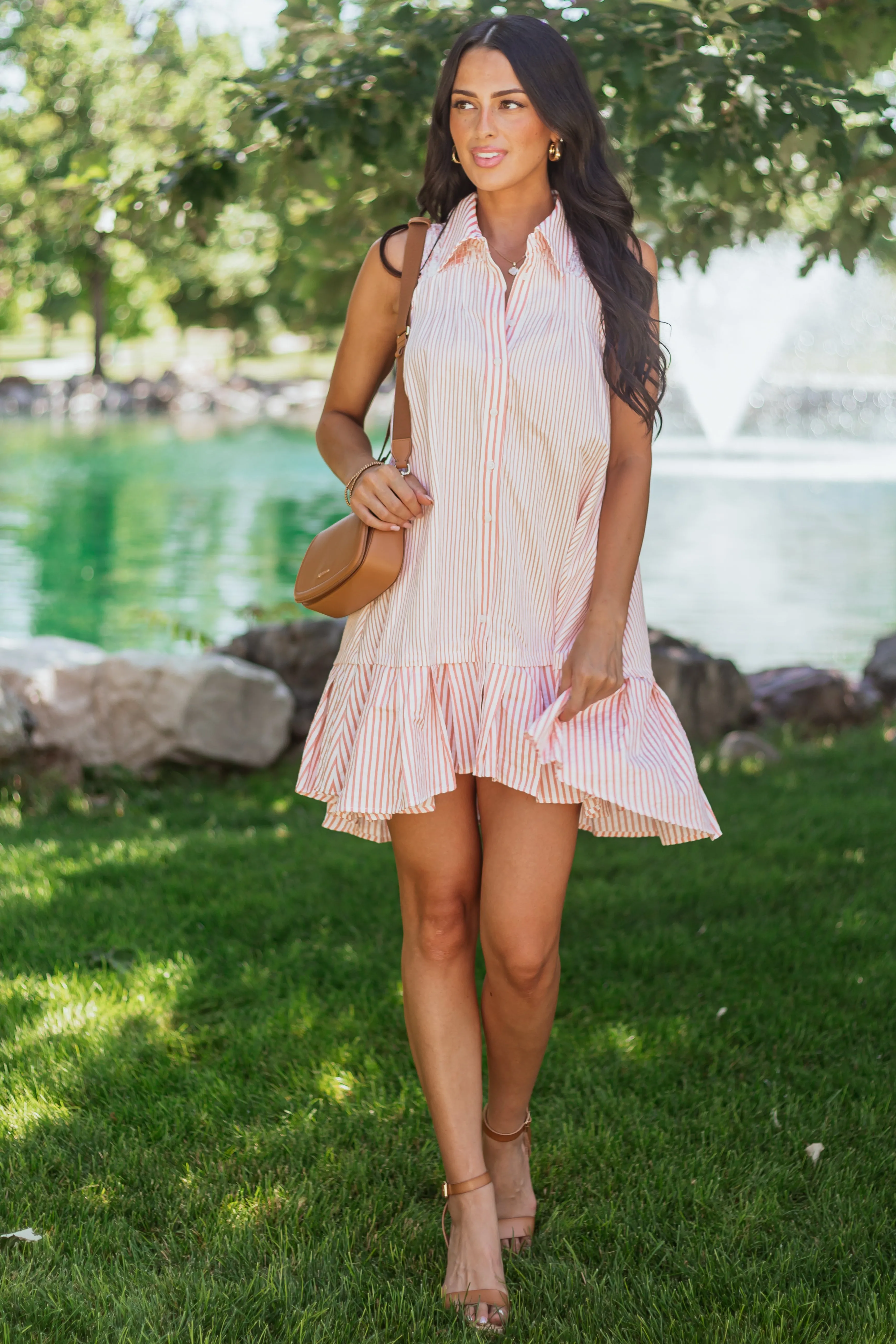 Coral and Off White Striped Sleeveless Mini Dress V-neck