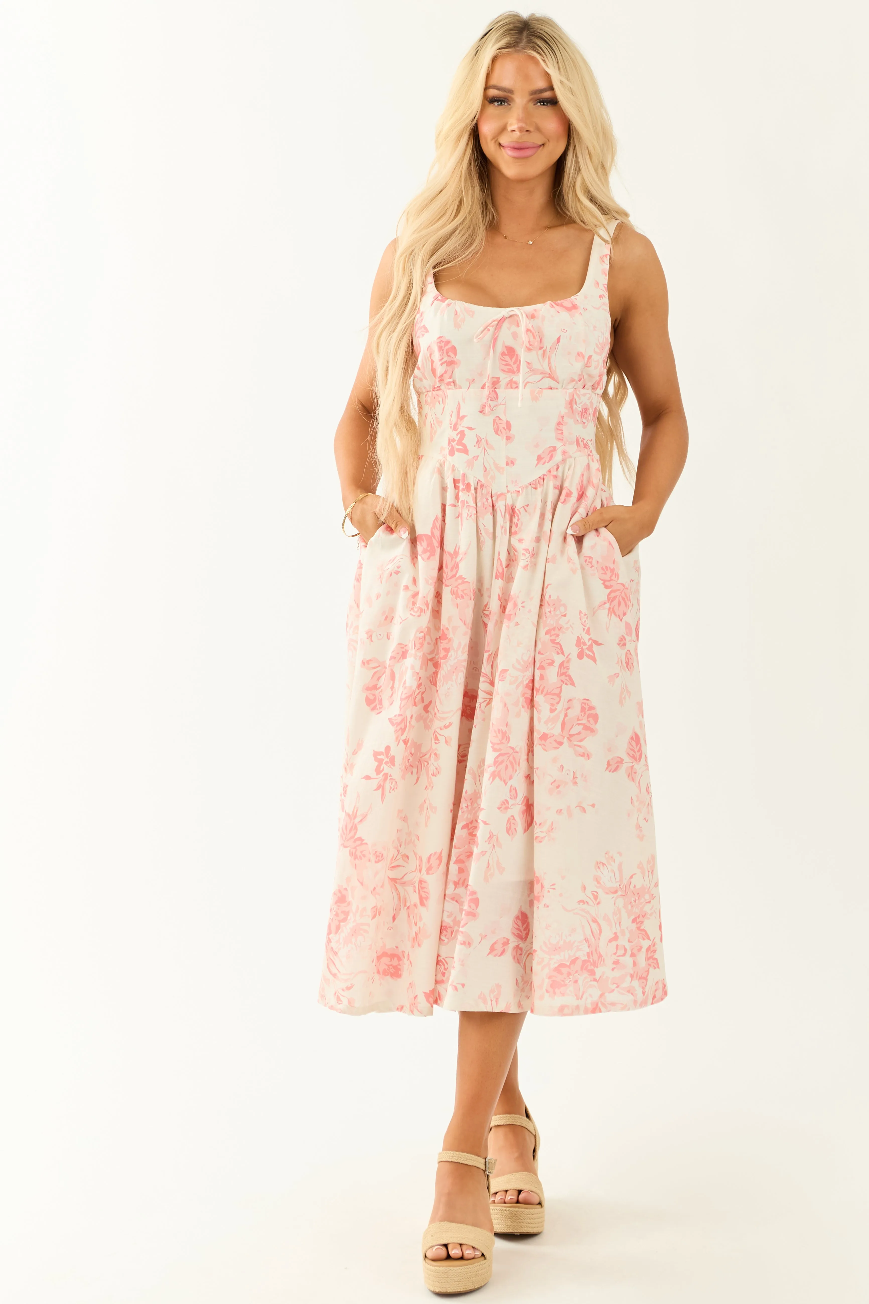Coral Linen Blend Floral Print Sleeveless Midi Dress side slit