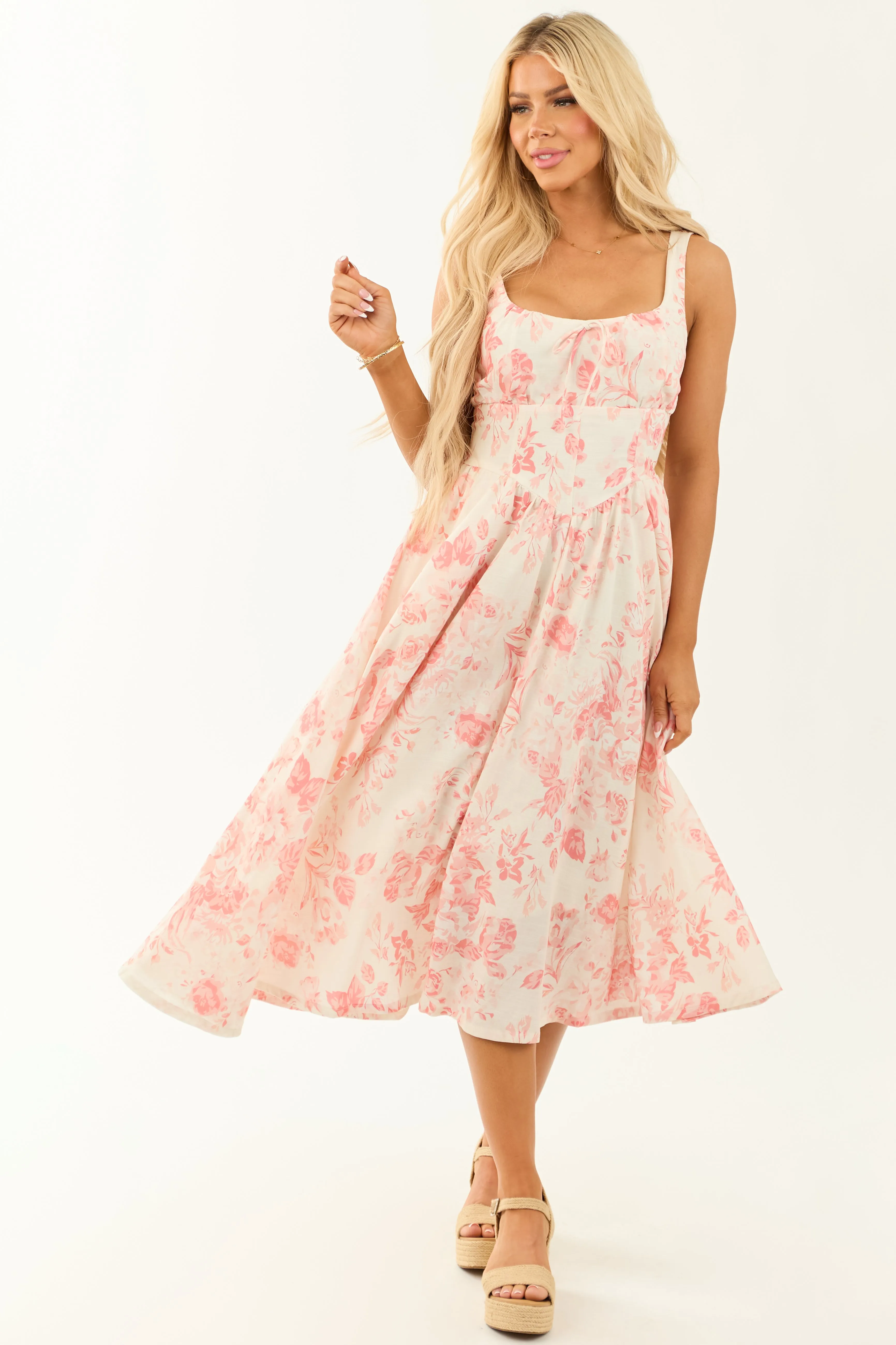 Coral Linen Blend Floral Print Sleeveless Midi Dress side slit