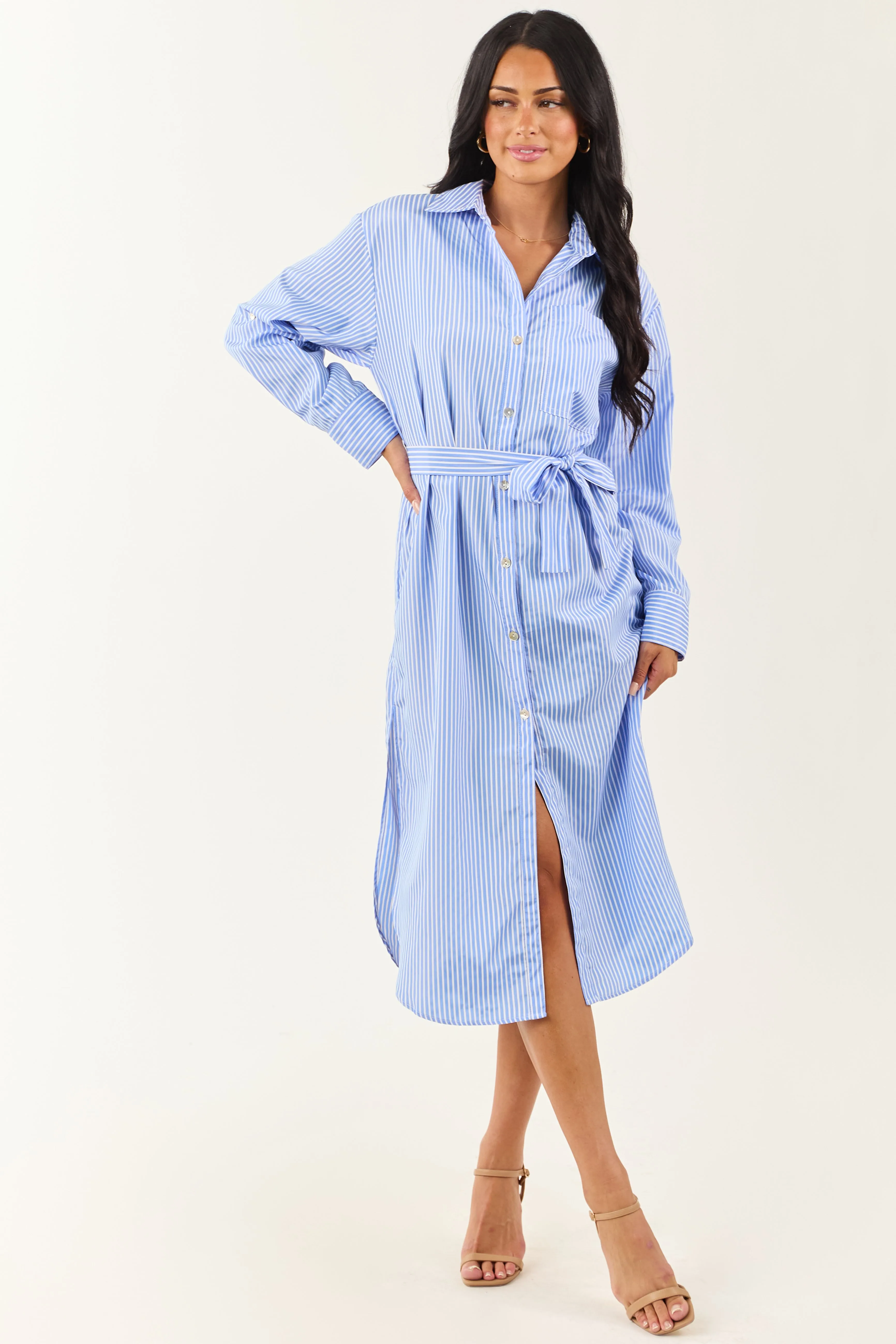 Cornflower and Ivory Striped Button Up Midi Dress lightweight dress