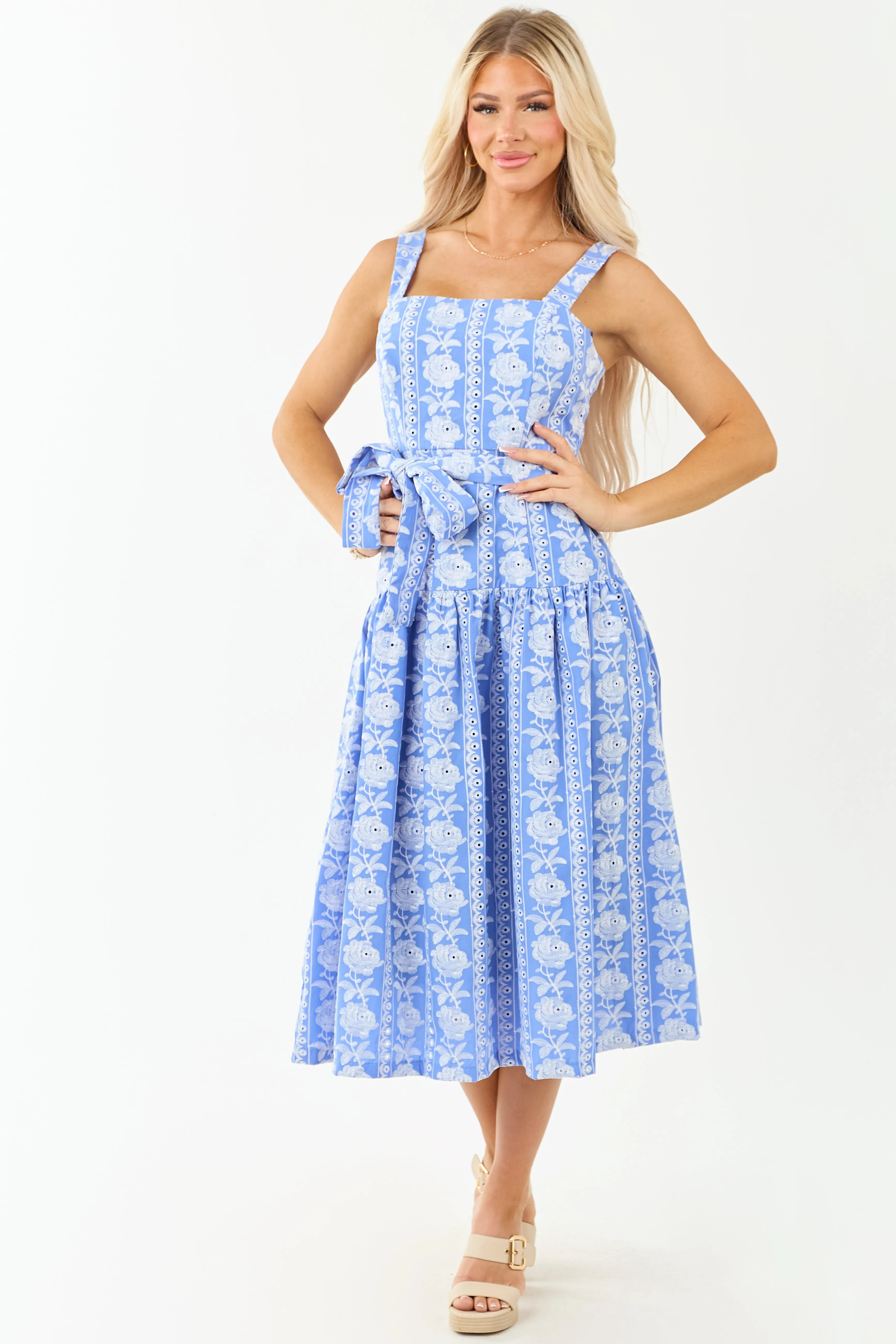 Cornflower Floral Embroidered Waist Tie Midi Dress striped dress