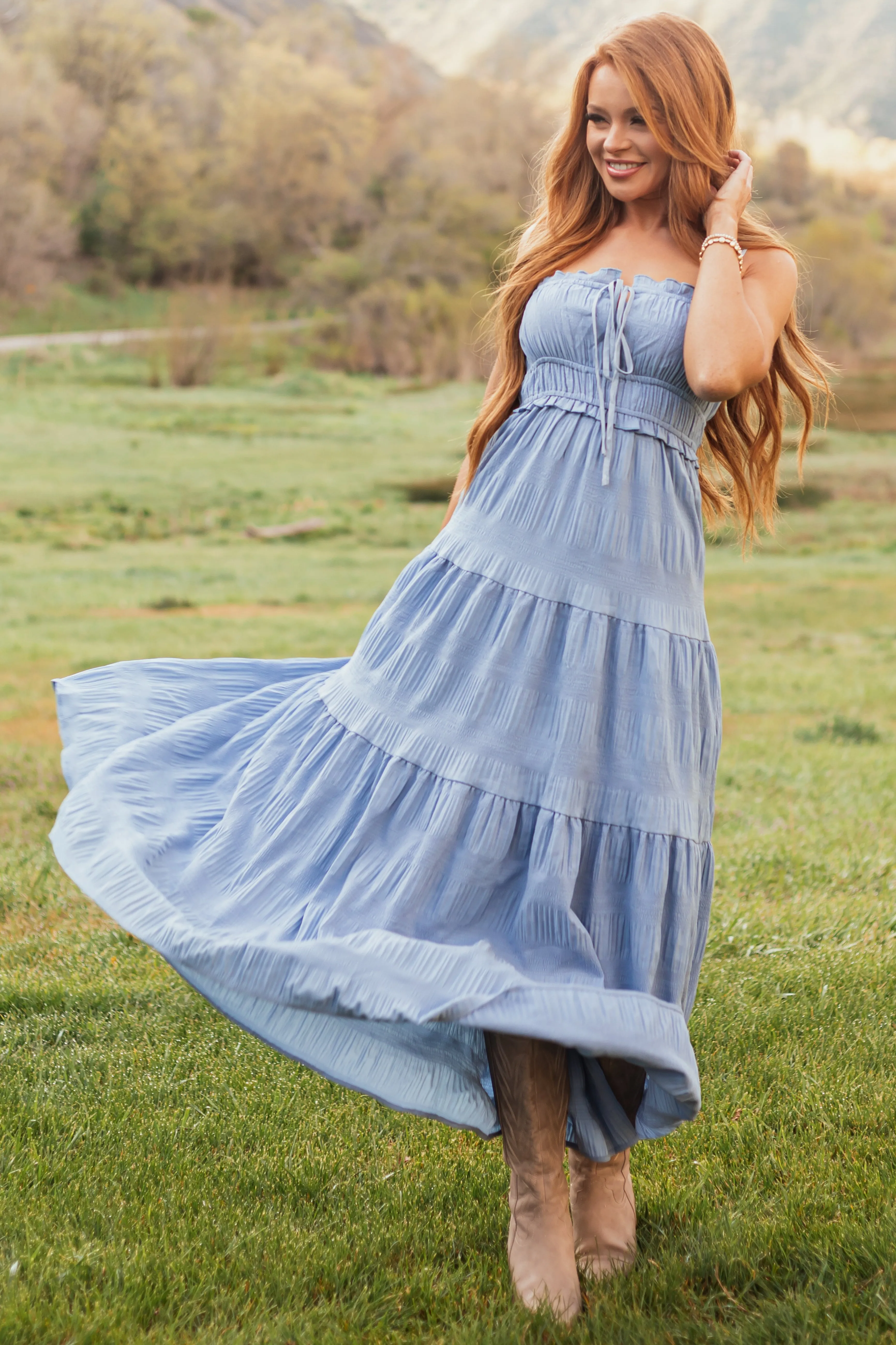 Cornflower Sleeveless Tiered Textured Maxi Dress strapless