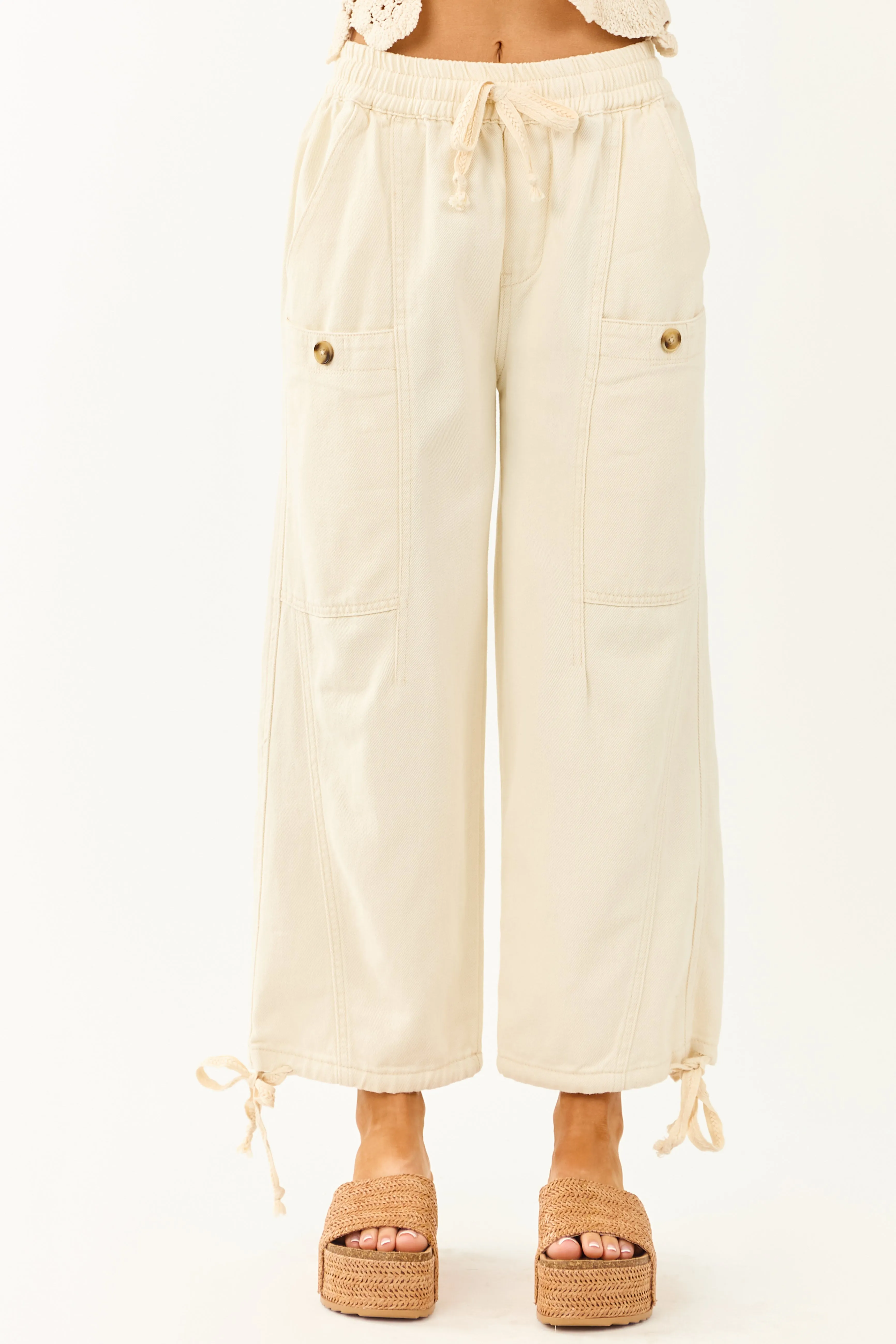 Cream Elastic Waist Relaxed Denim Cargo Pants youth style