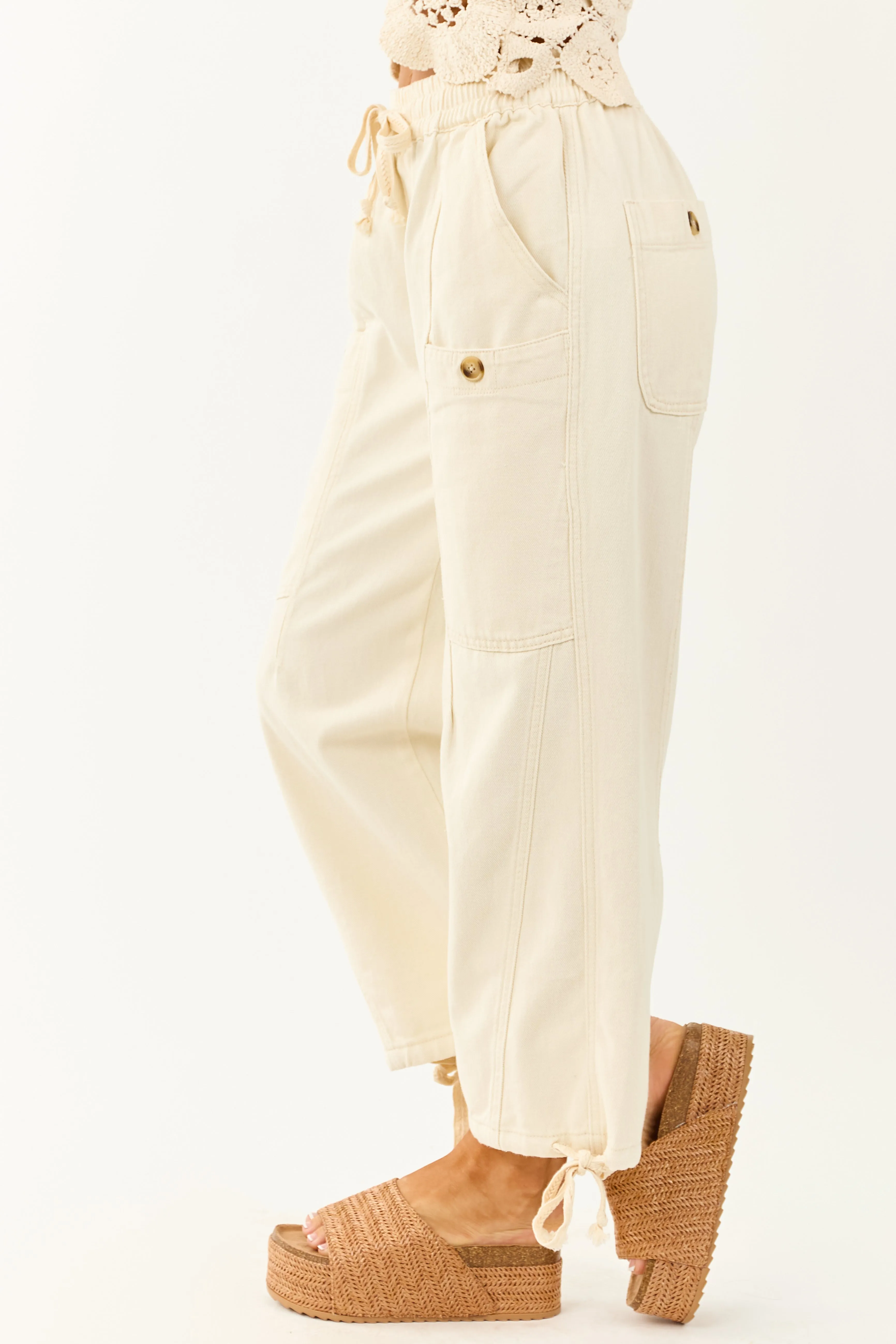 Cream Elastic Waist Relaxed Denim Cargo Pants youth style