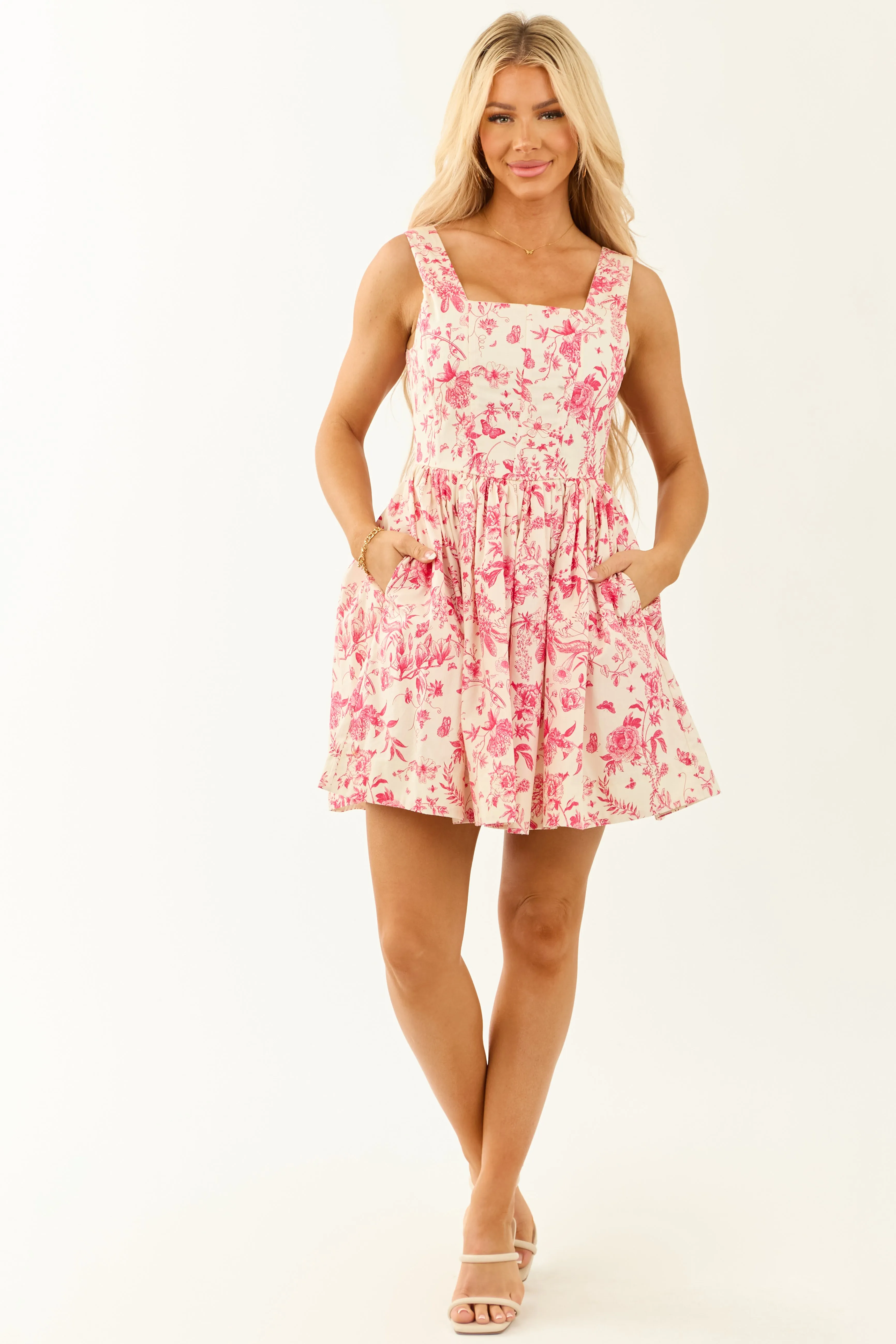 Cream Floral Print Corset Style Sleeveless Mini Dress cutout design