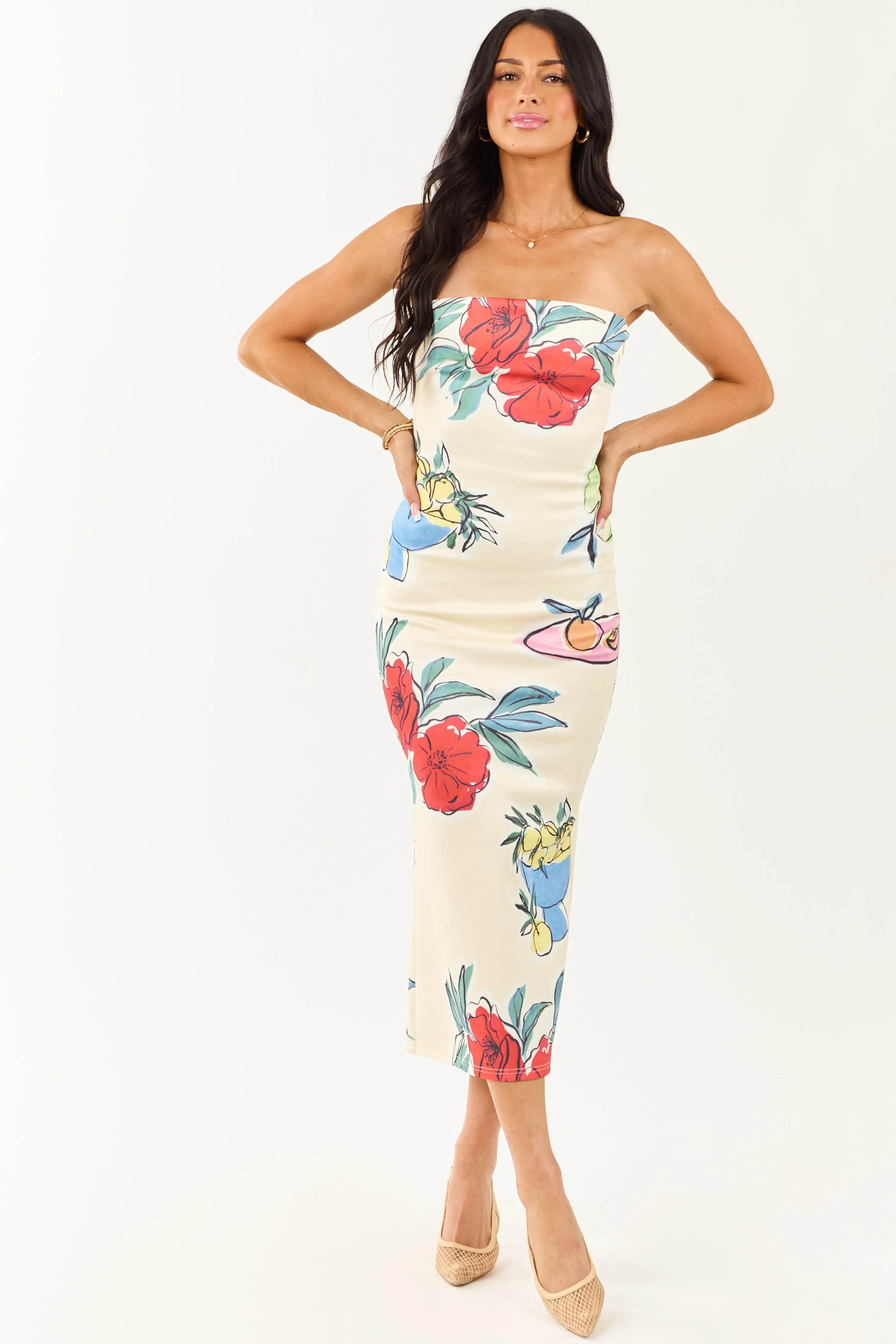 Cream Fruit and Floral Print Strapless Midi Dress side slit