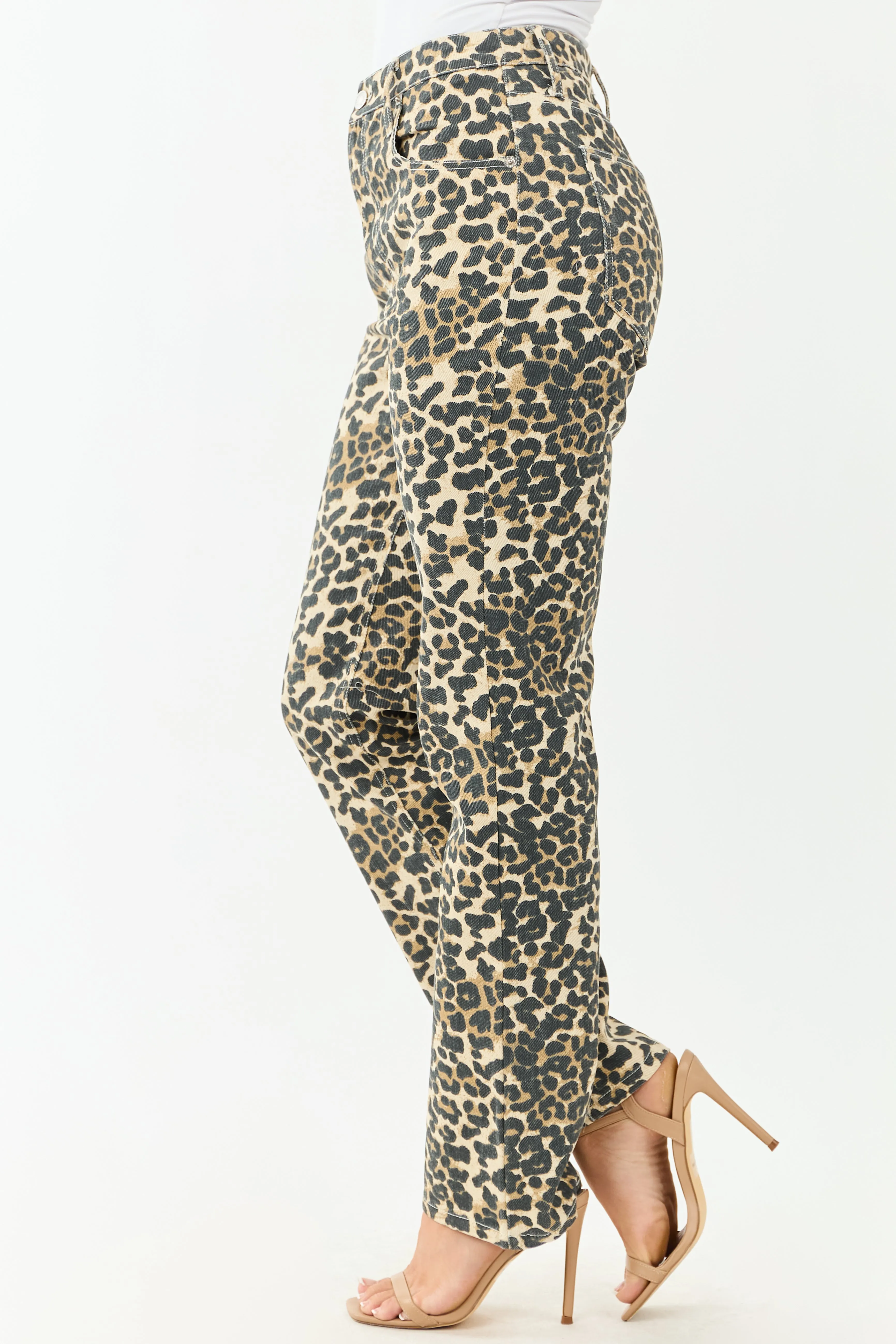 Cream Leopard Print Straight Leg High Rise Jeans freedom wear