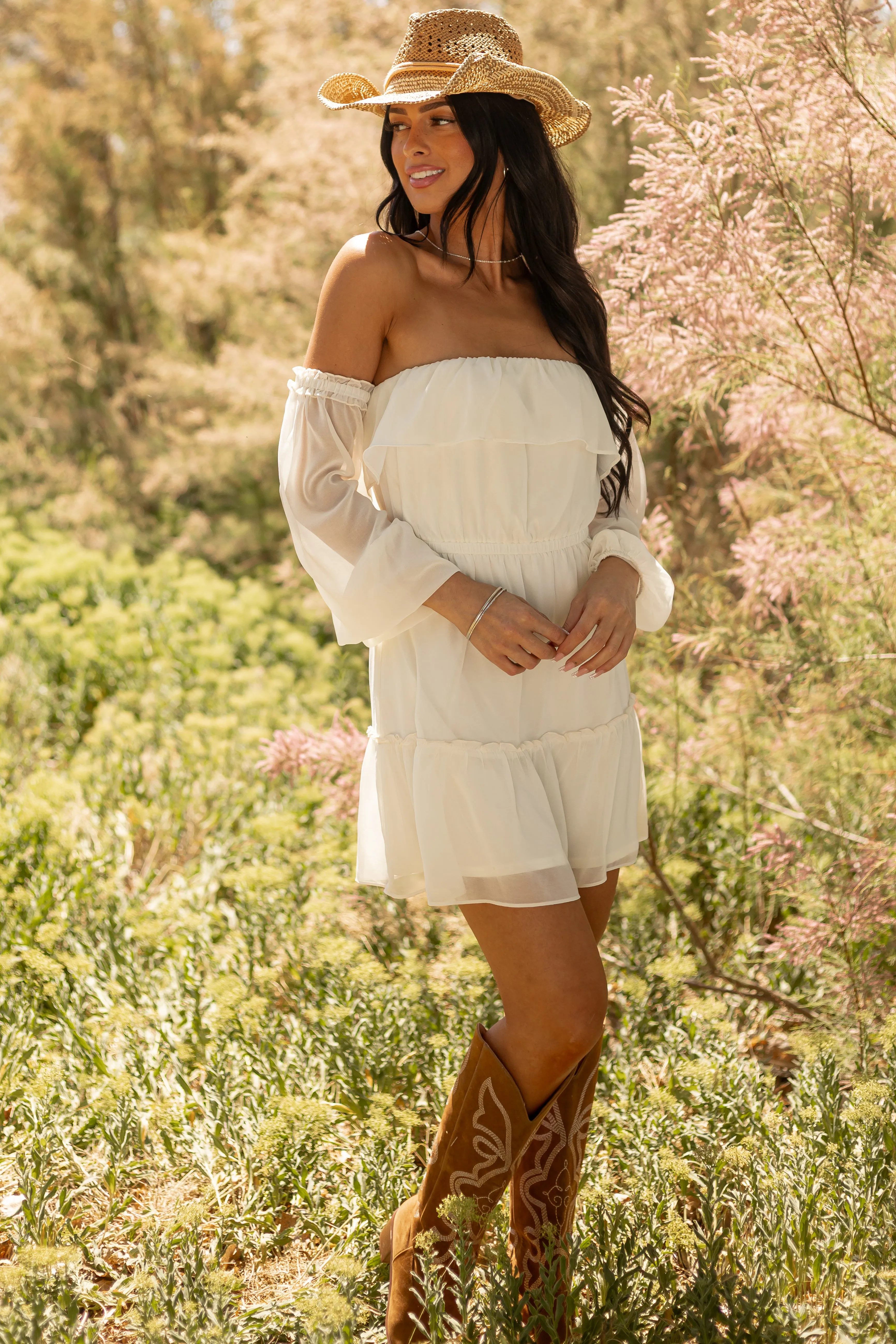 Cream Off the Shoulder Long Sleeve Mini Dress denim dress