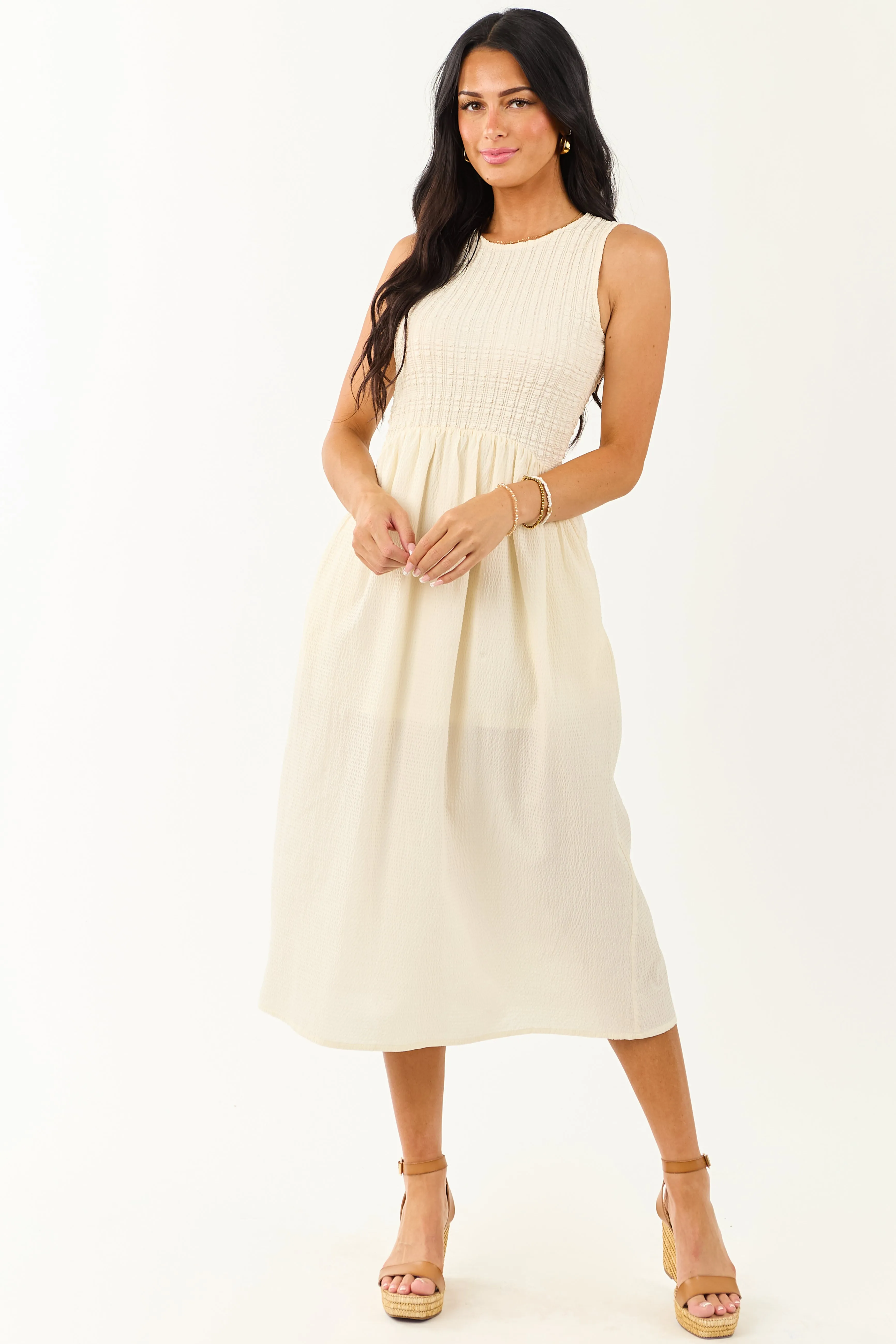 Cream Textured Bodice Contrast Skirt Midi Dress elegant look