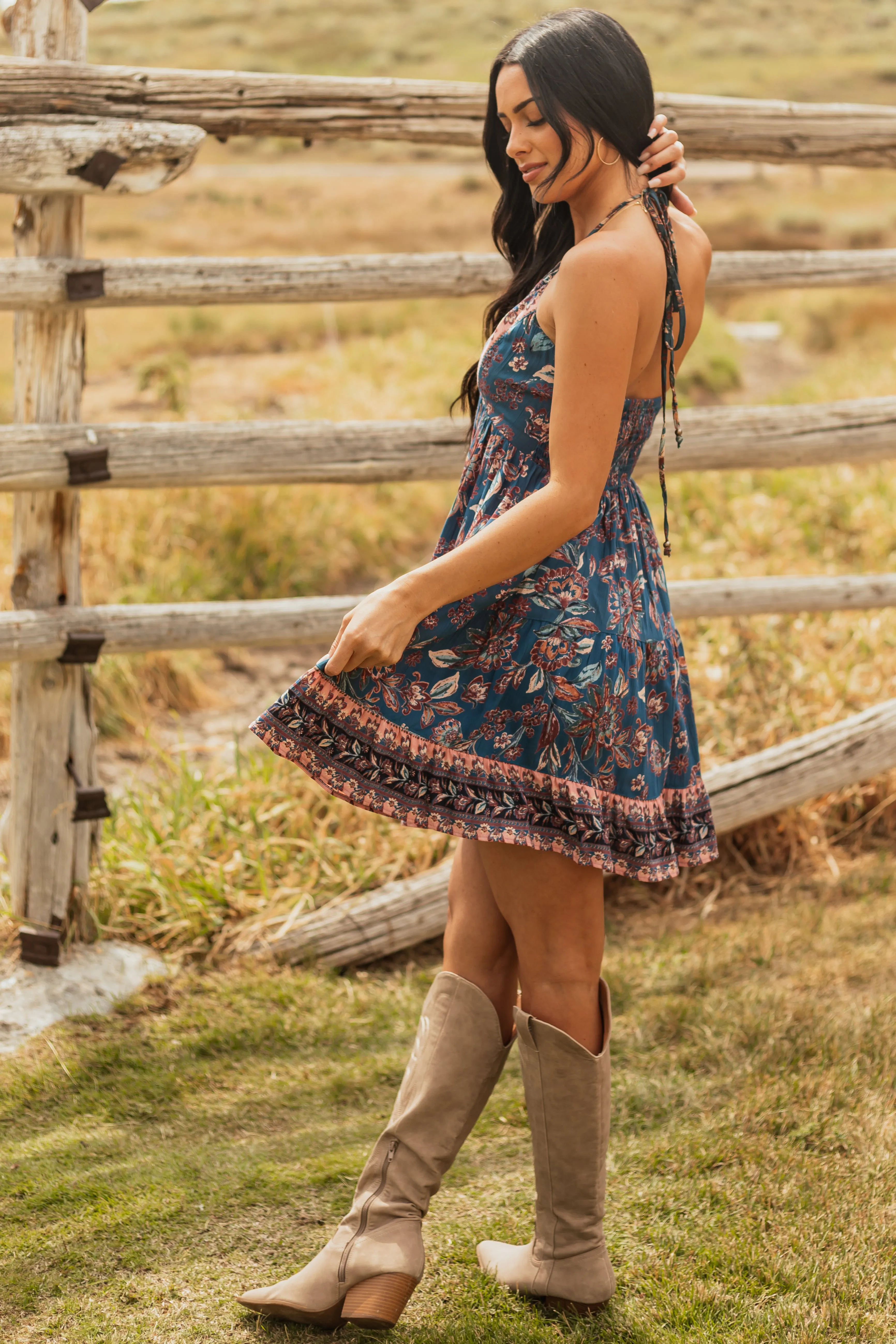 Dark Teal Halter Neck Floral Print Mini Dress office wear