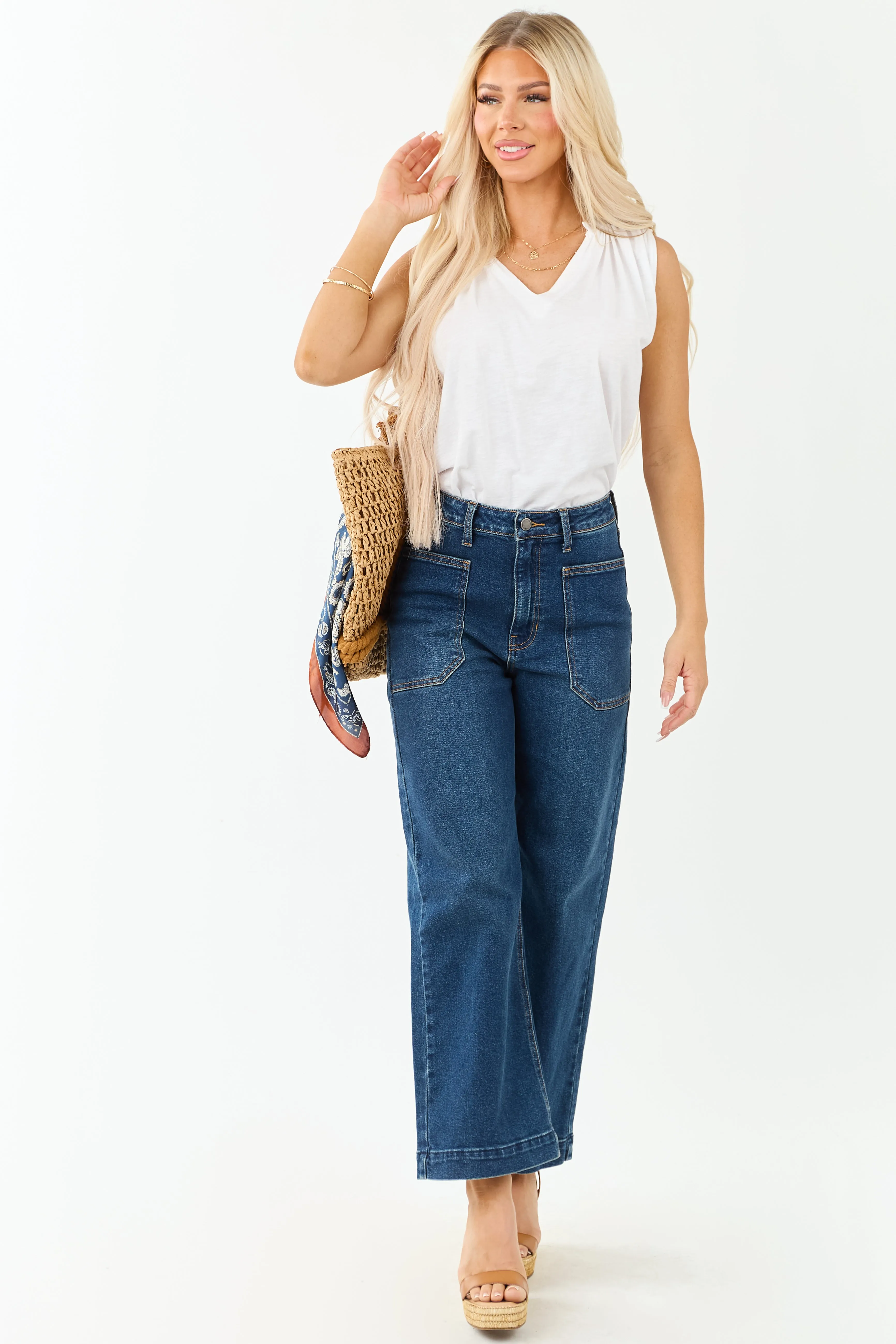 Dark Wash Stretchy Wide Leg Utility Jeans fashion pick