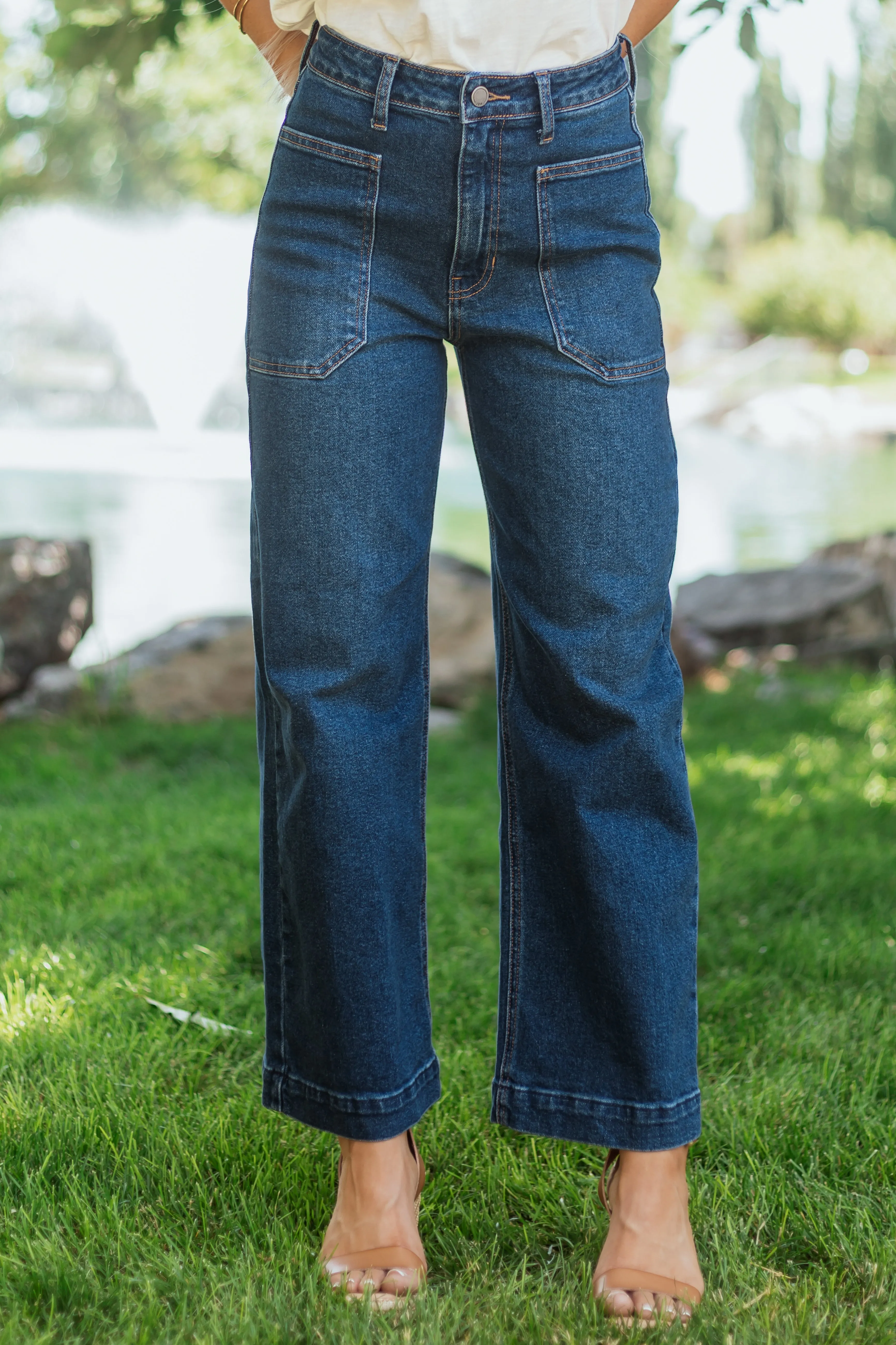 Dark Wash Stretchy Wide Leg Utility Jeans fashion pick