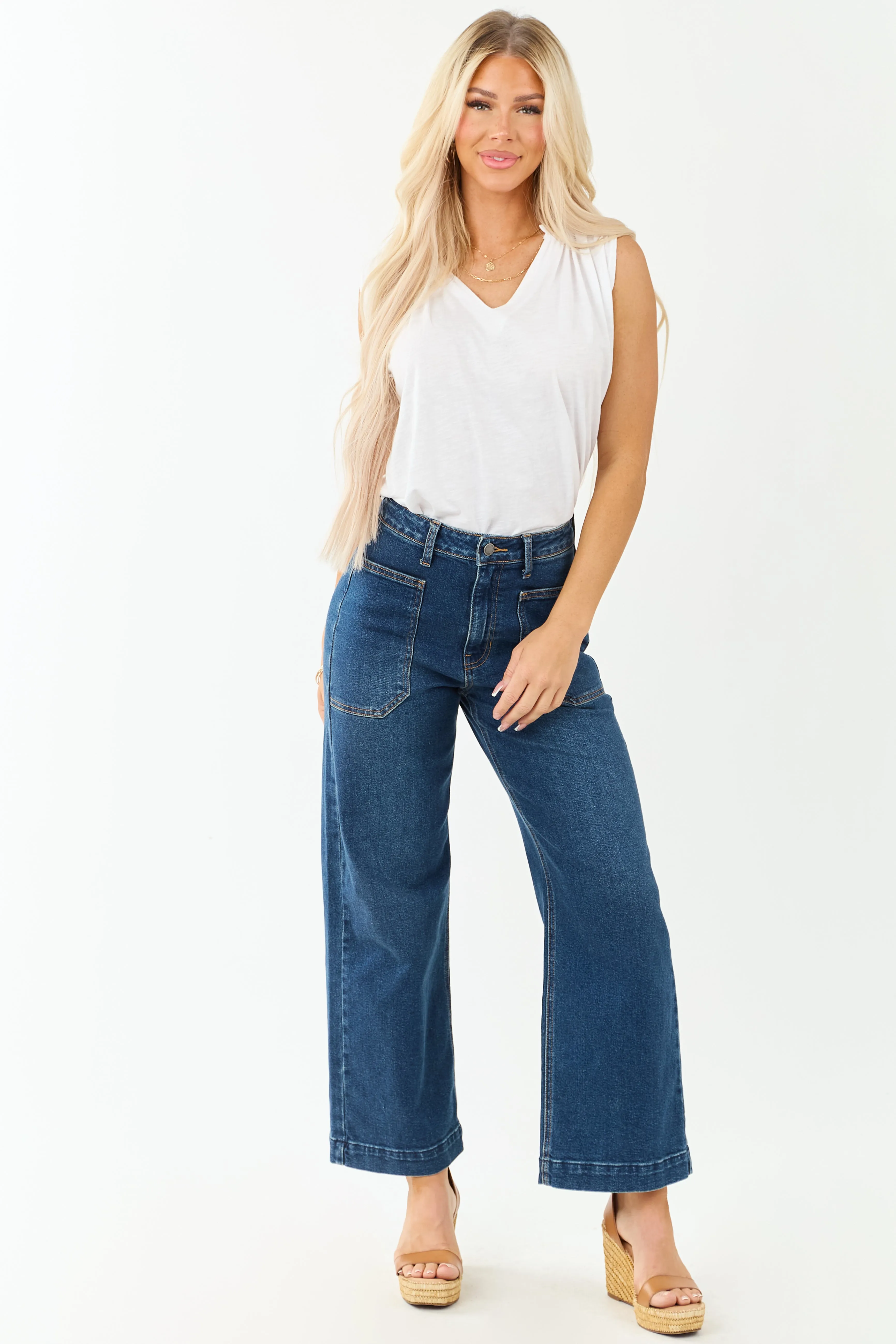 Dark Wash Stretchy Wide Leg Utility Jeans fashion pick