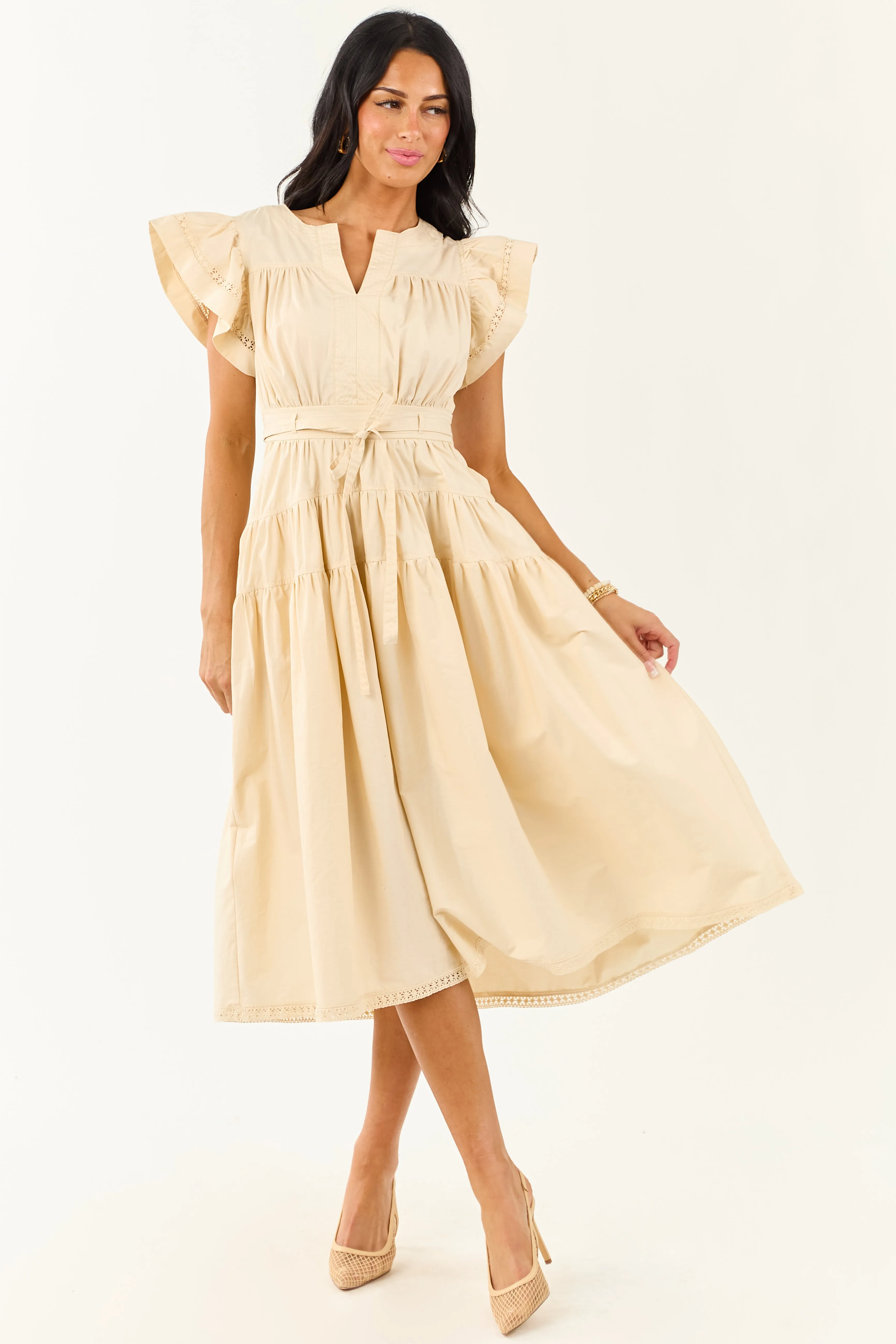 Desert Sand Lace Trim Ruffle Sleeve Cotton Midi Dress side slit