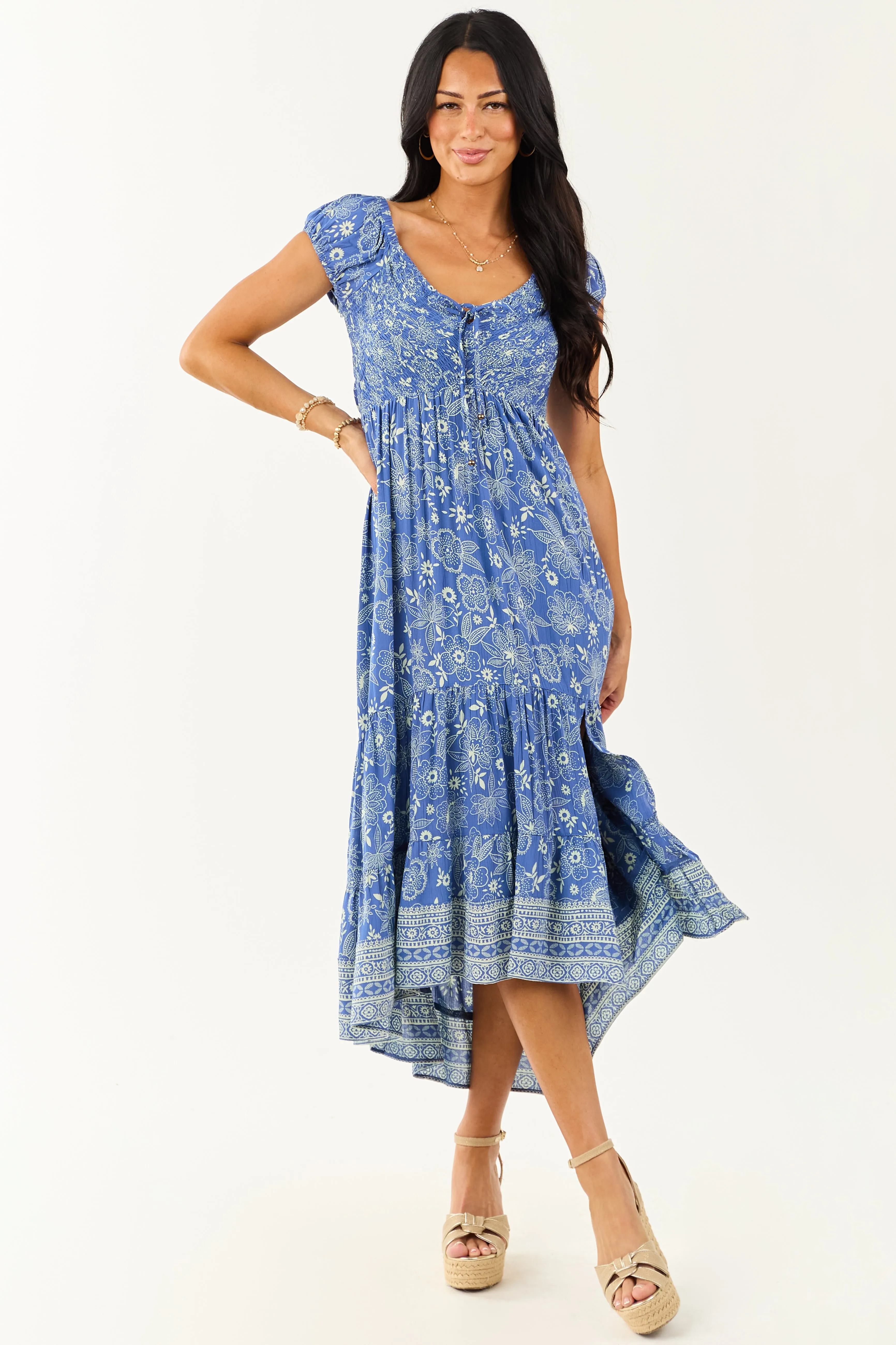 Dusty Blue Smocked Bust Floral Cap Sleeve Midi Dress bodycon dress