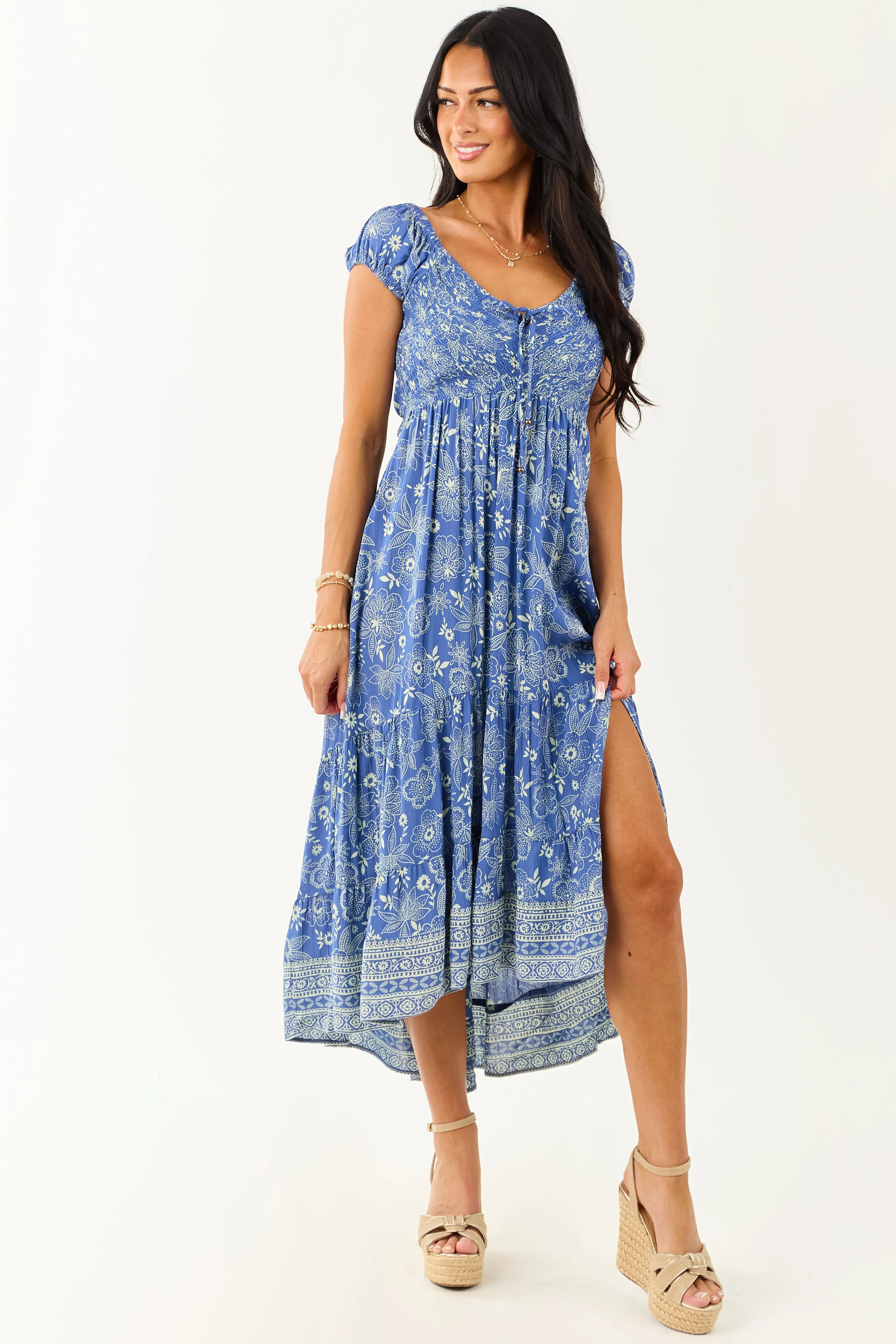 Dusty Blue Smocked Bust Floral Cap Sleeve Midi Dress bodycon dress