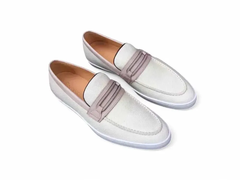 Embossed Leather Strap Linen Sneaker cool tone