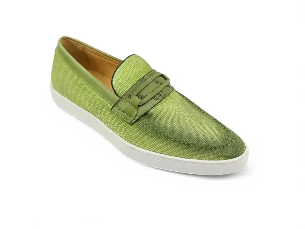 Embossed Leather Strap Linen Sneaker cool tone