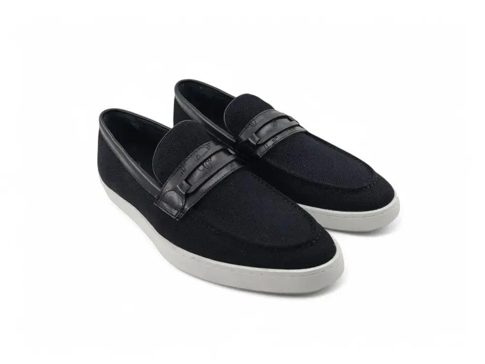 Embossed Leather Strap Linen Sneaker cool tone