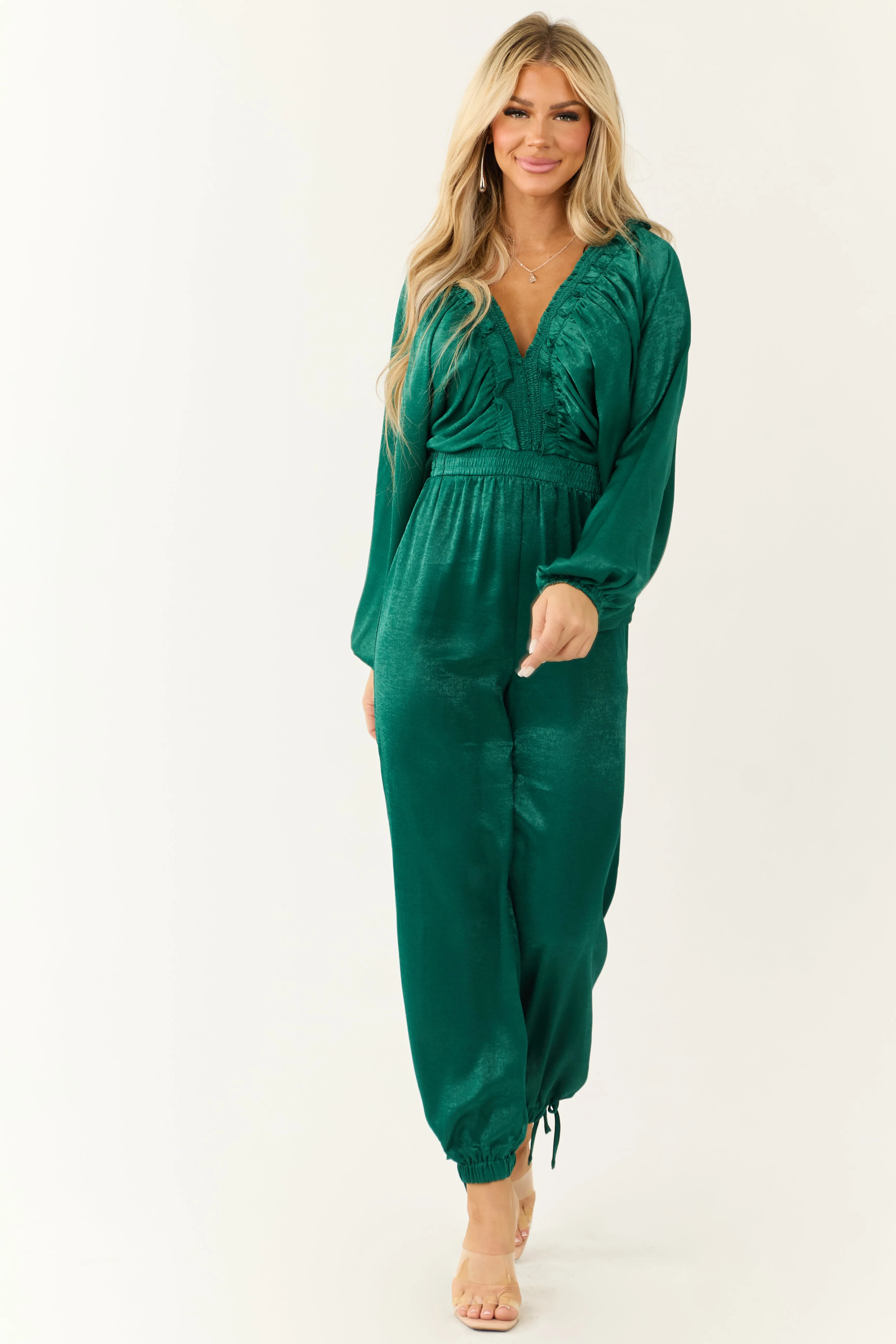 Emerald Textured Satin Deep V Neck Jumpsuit empire waist