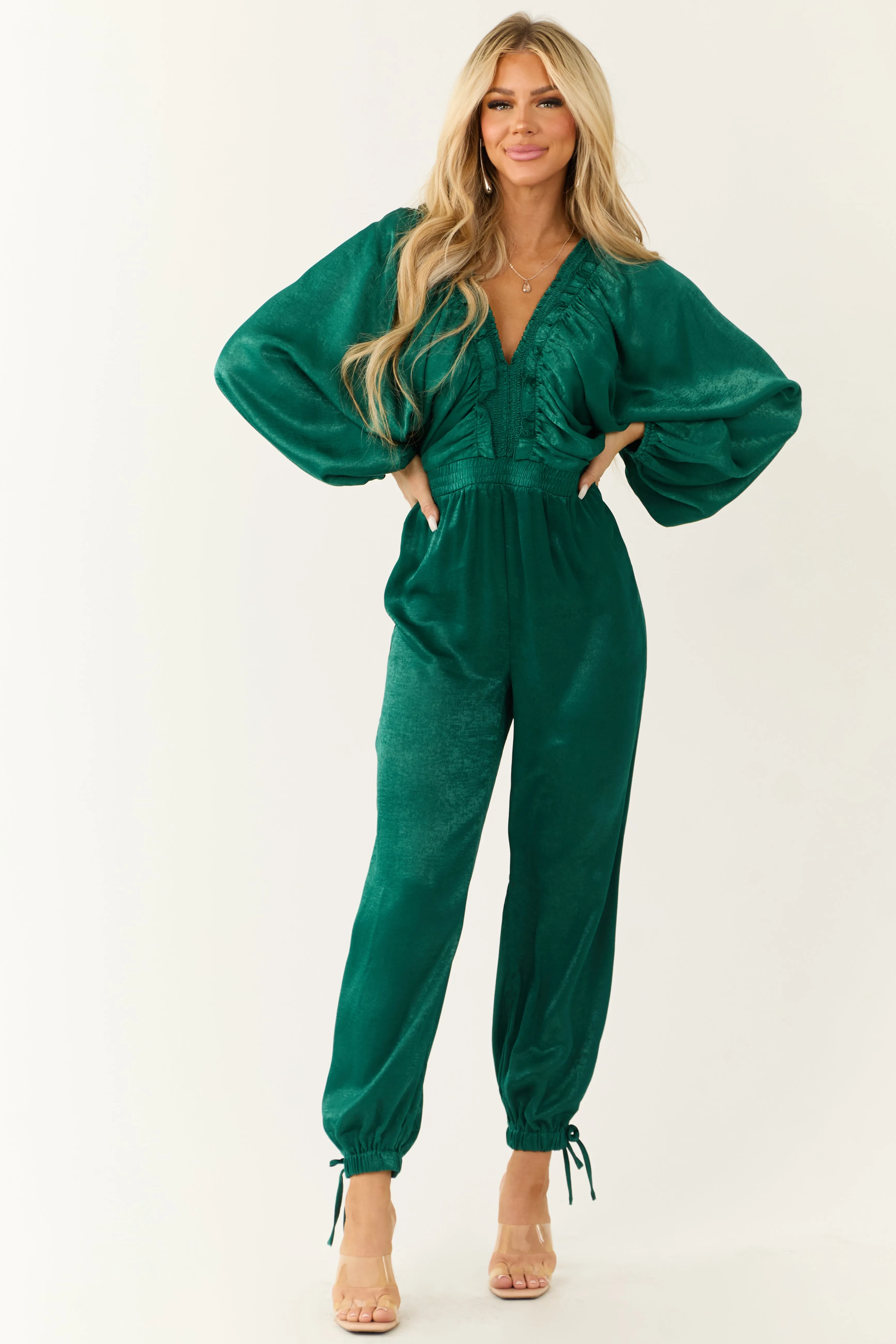 Emerald Textured Satin Deep V Neck Jumpsuit empire waist