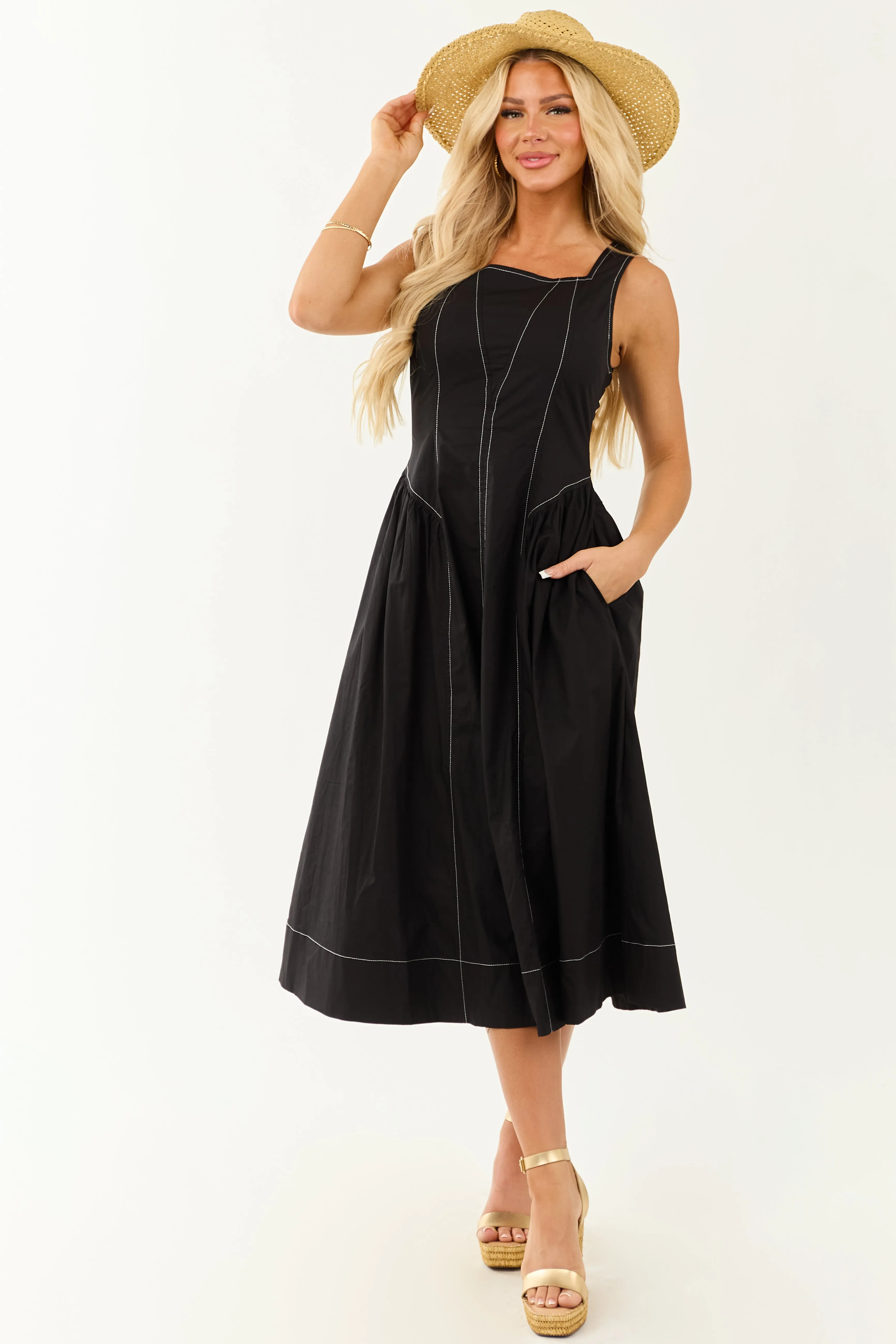 Entro Black Contrast Stitch Cotton Midi Dress summer dress