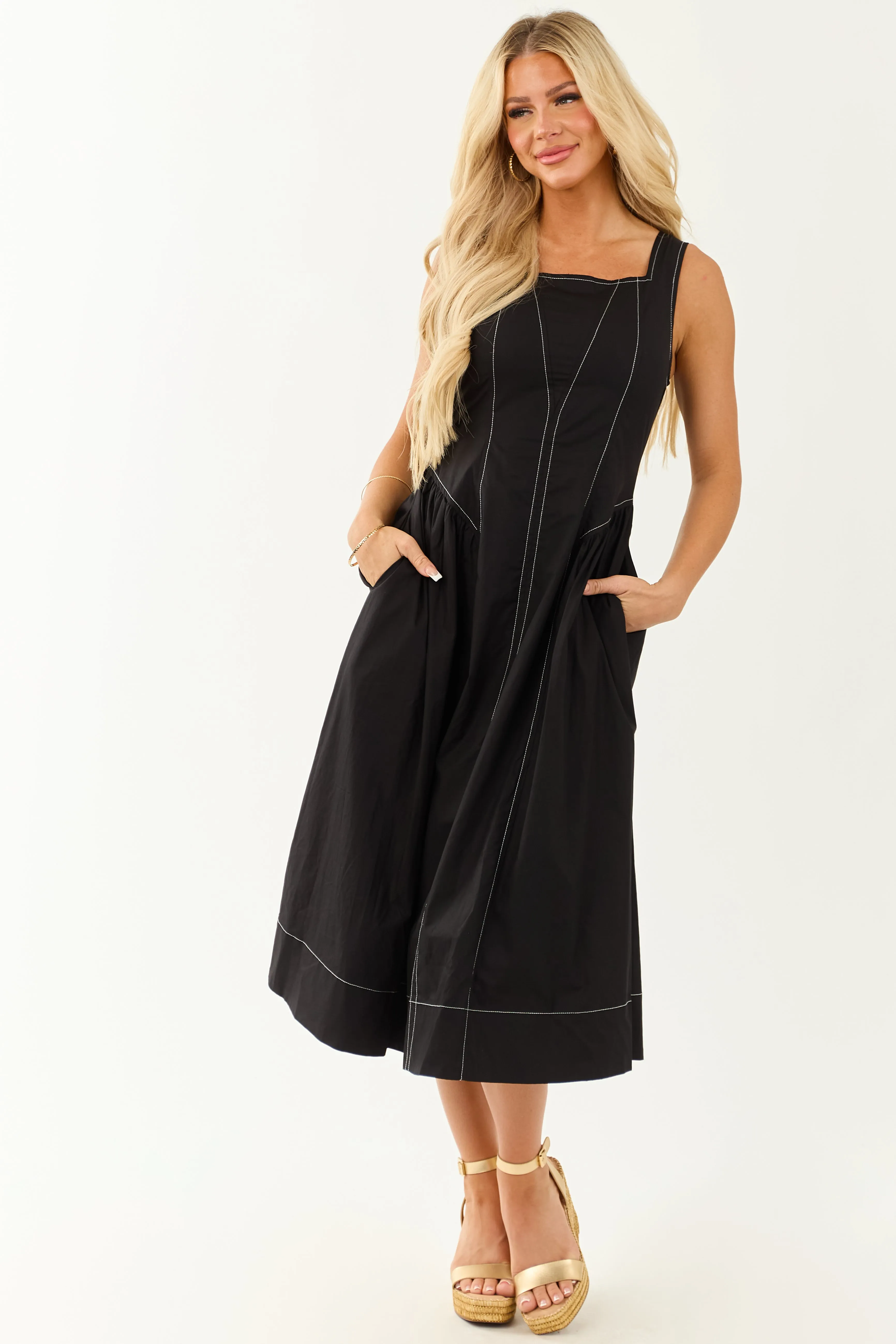 Entro Black Contrast Stitch Cotton Midi Dress summer dress