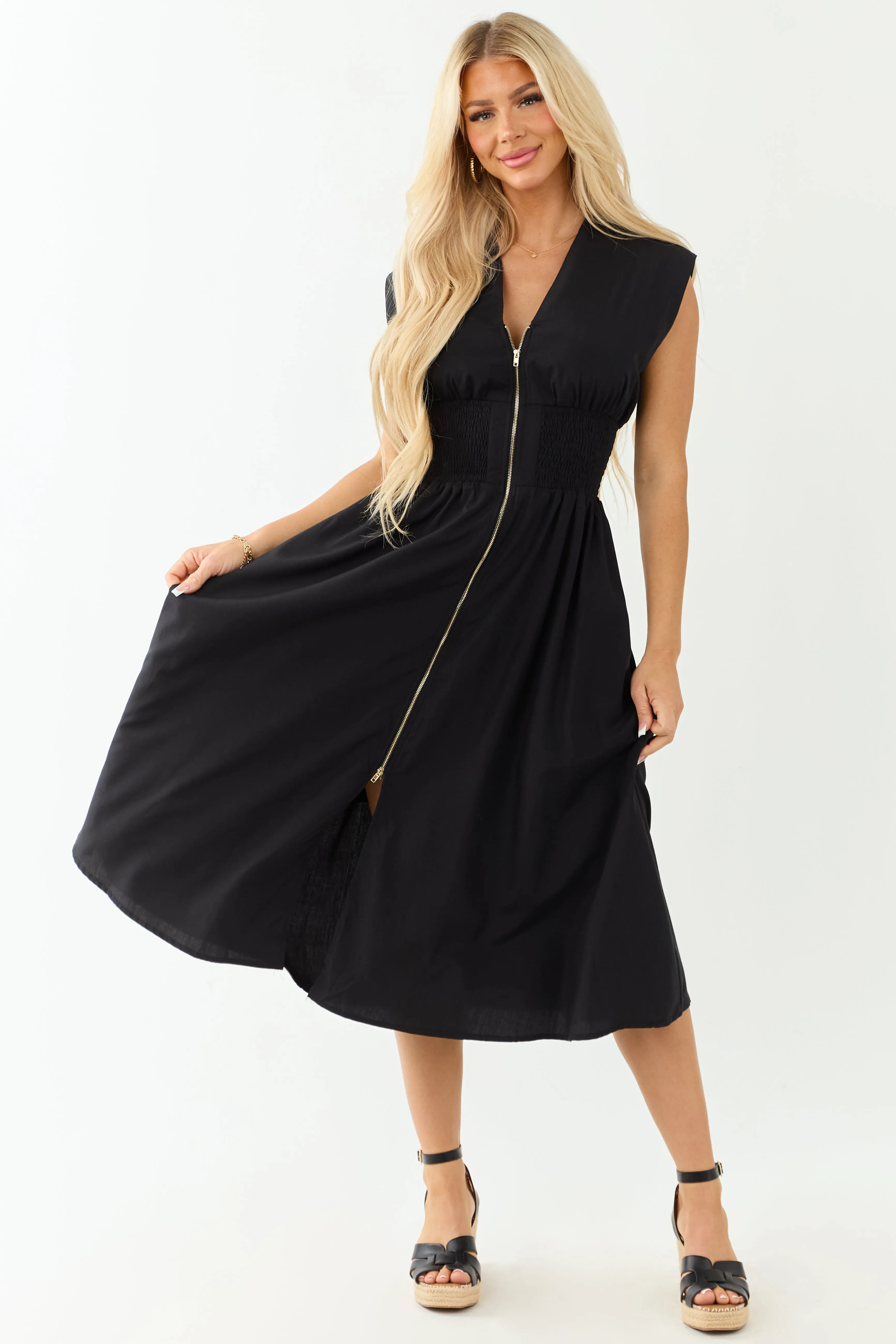 Entro Black Sleeveless Zipper Front Midi Dress beach dress