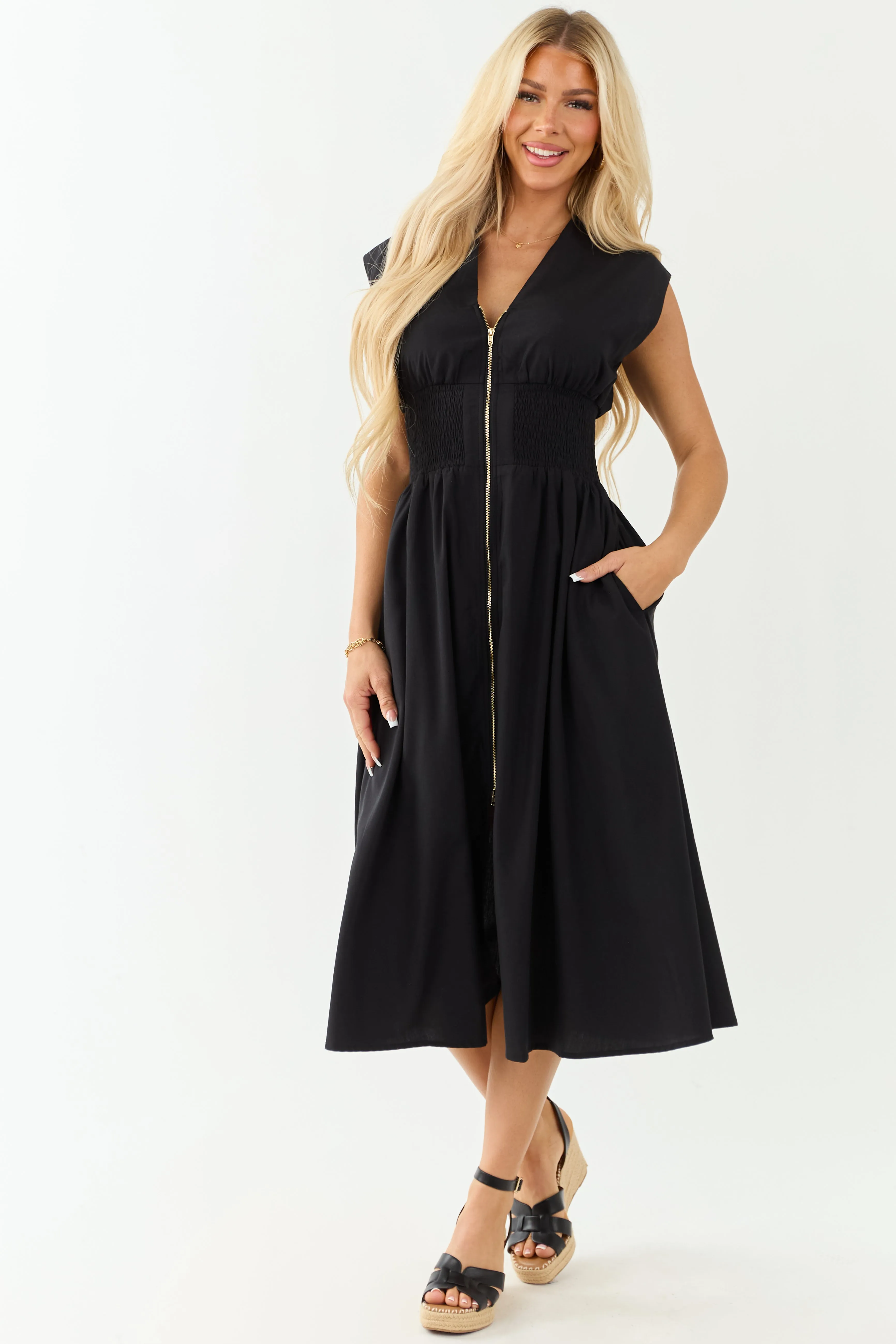 Entro Black Sleeveless Zipper Front Midi Dress beach dress
