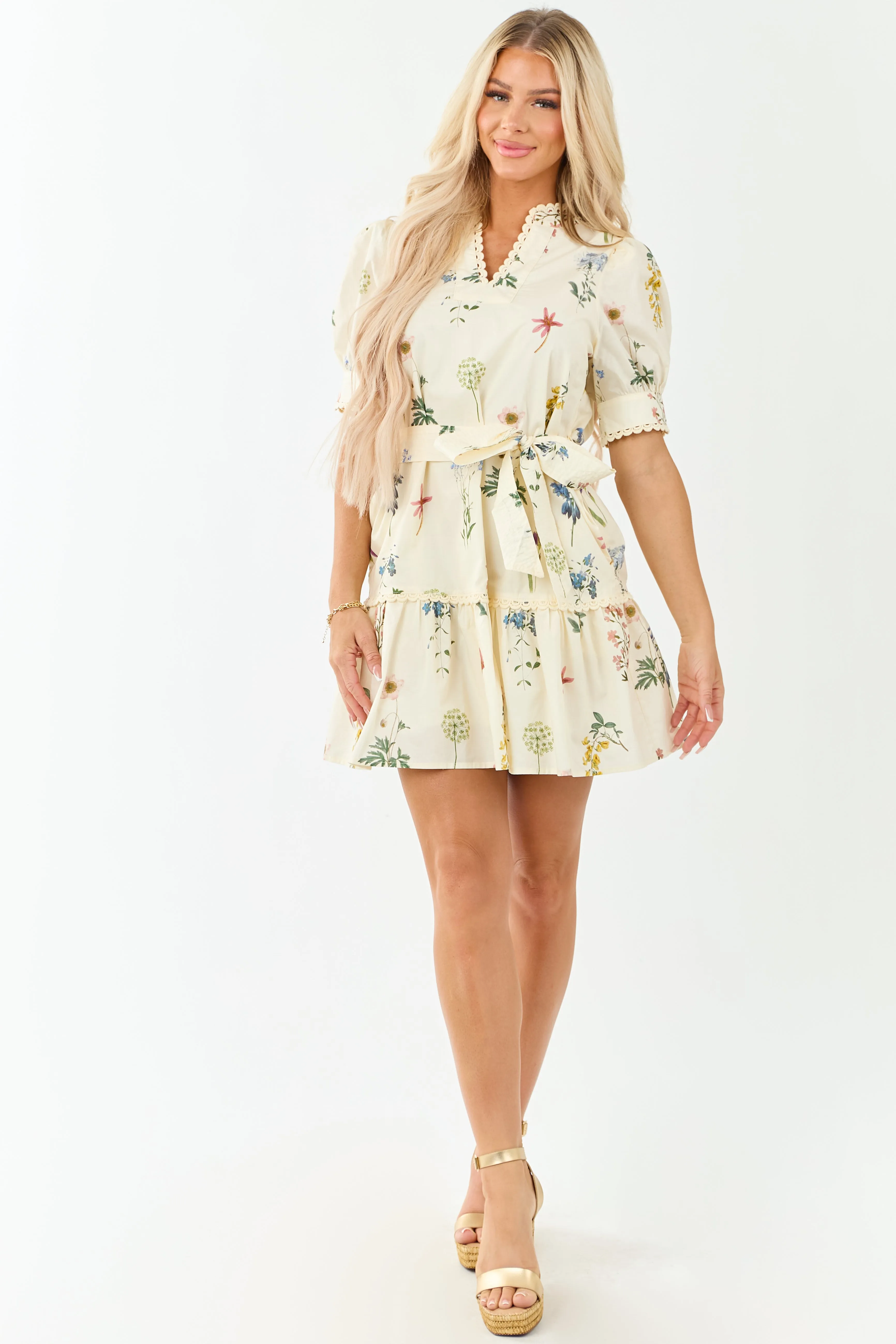 Entro Cream Floral Waist Tie Cotton Mini Dress wedding attire