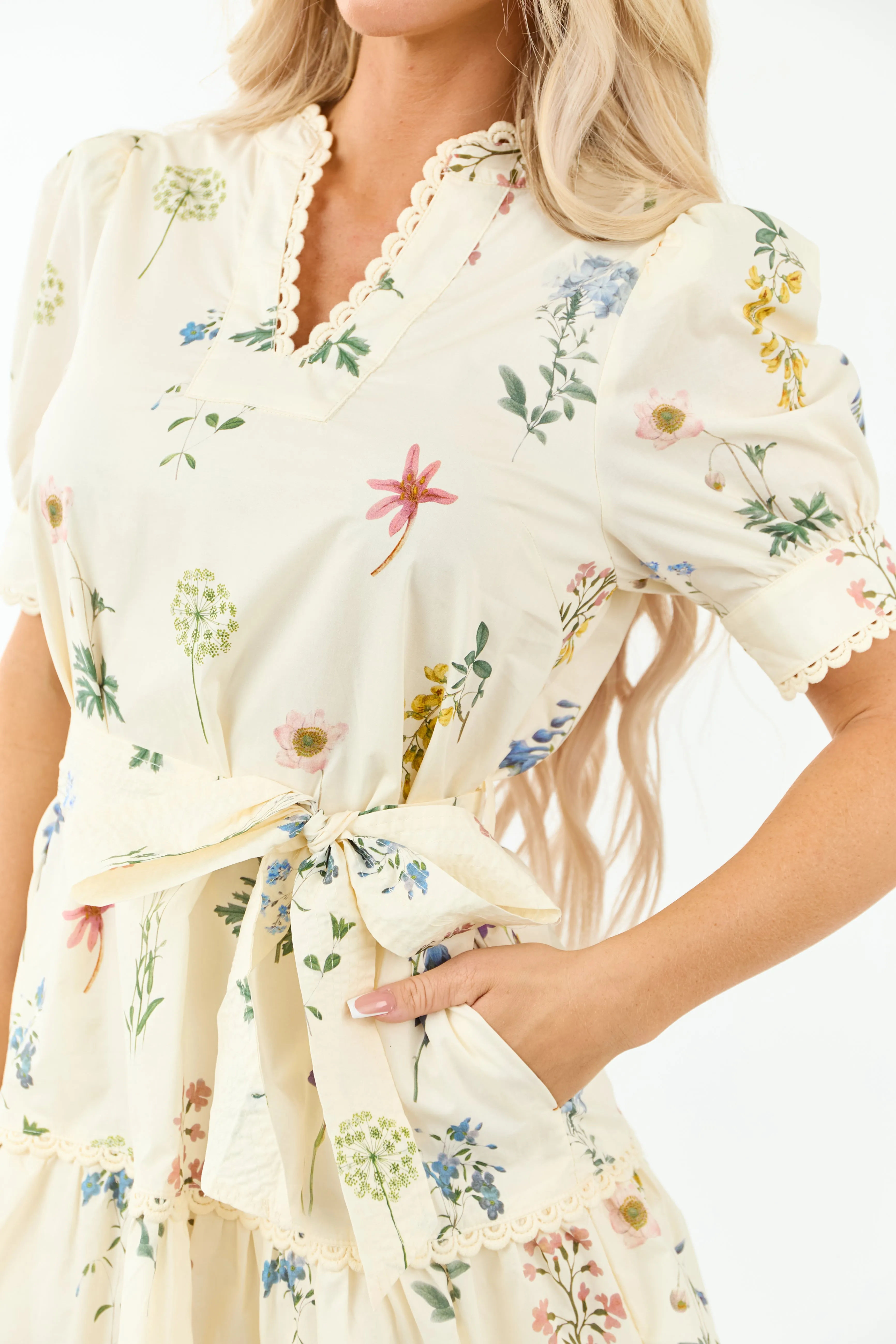 Entro Cream Floral Waist Tie Cotton Mini Dress wedding attire