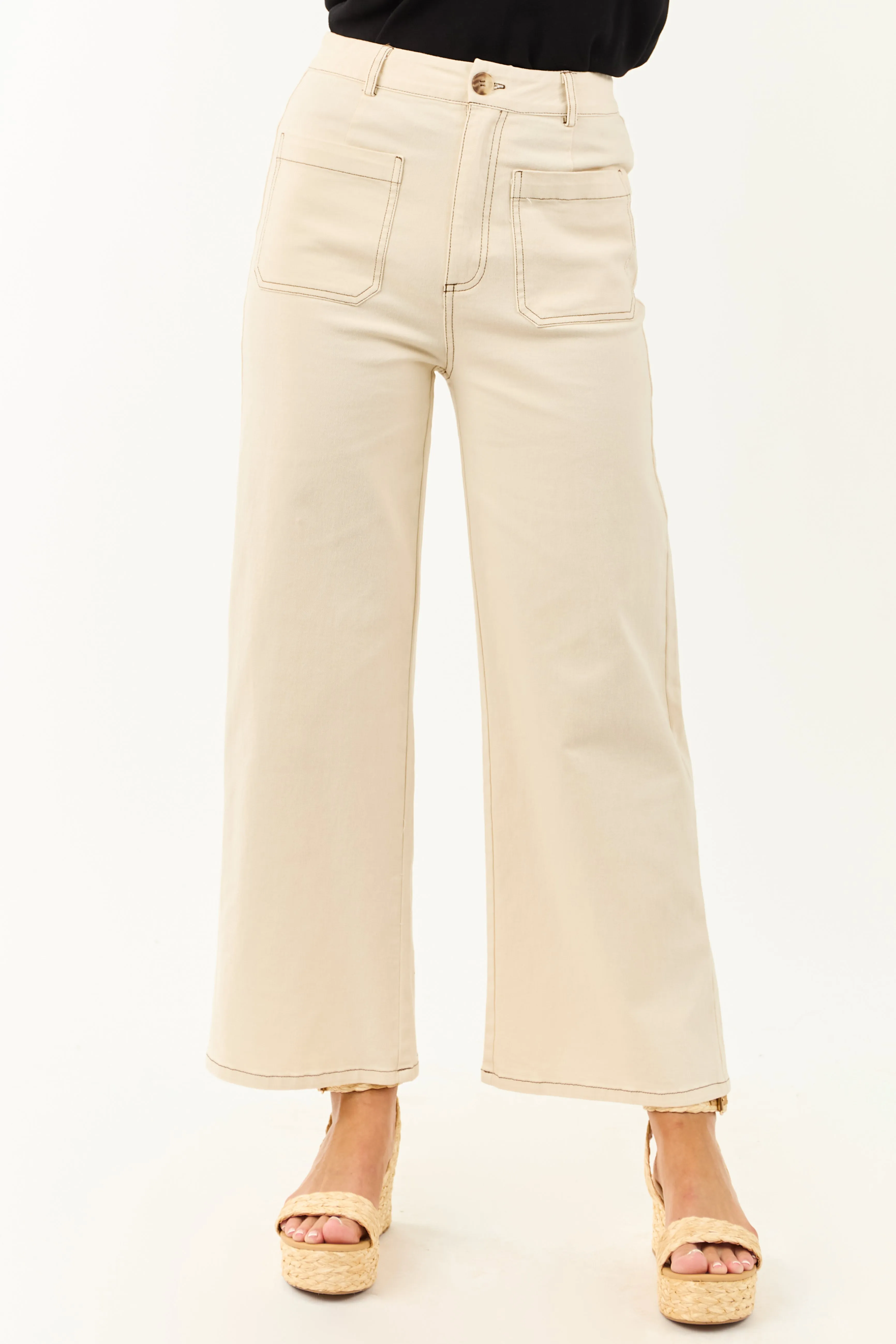 Entro Cream High Rise Wide Leg Denim Pants youth choice