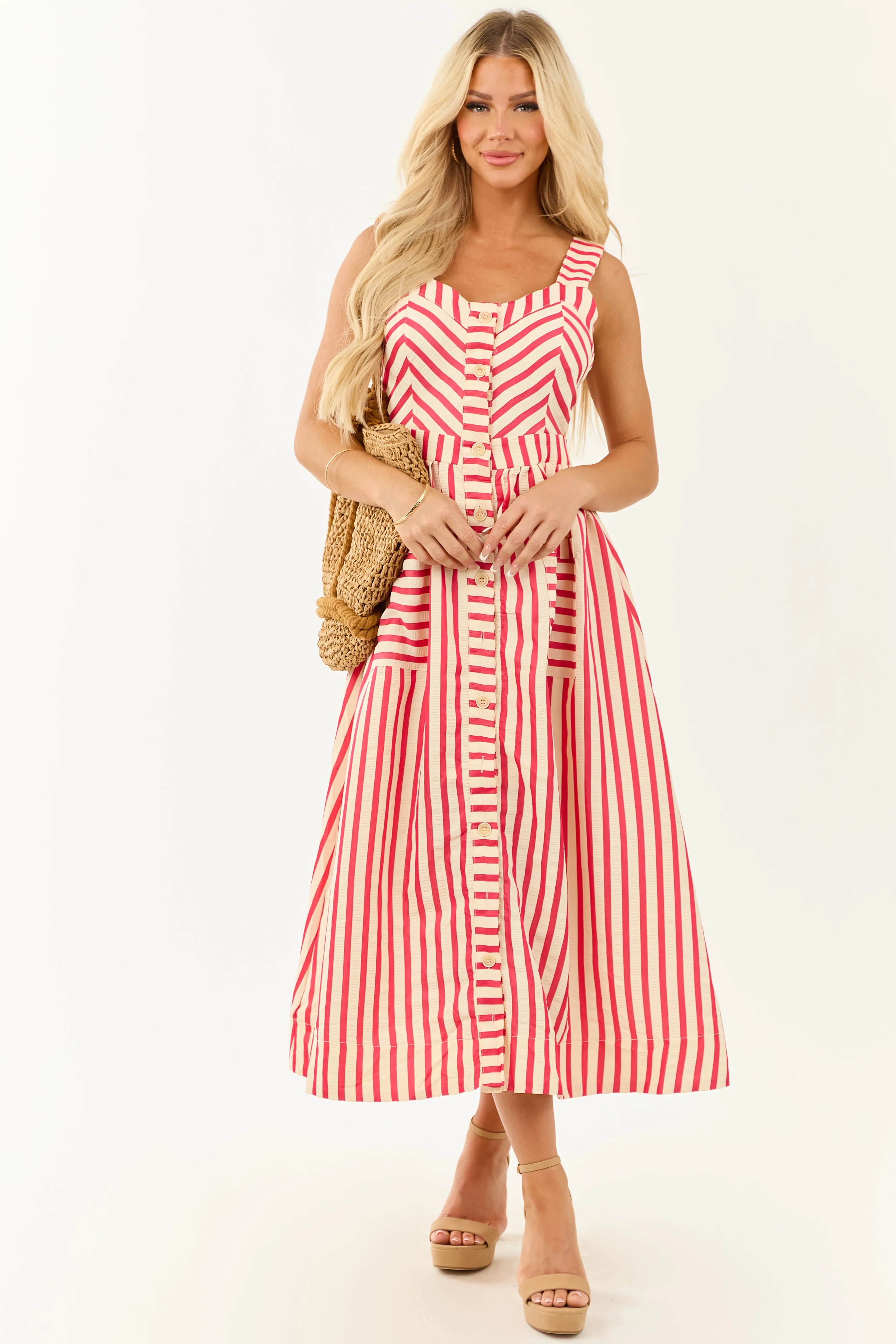 Entro Crimson and Cream Striped Cut Out Midi Dress romantic vibe