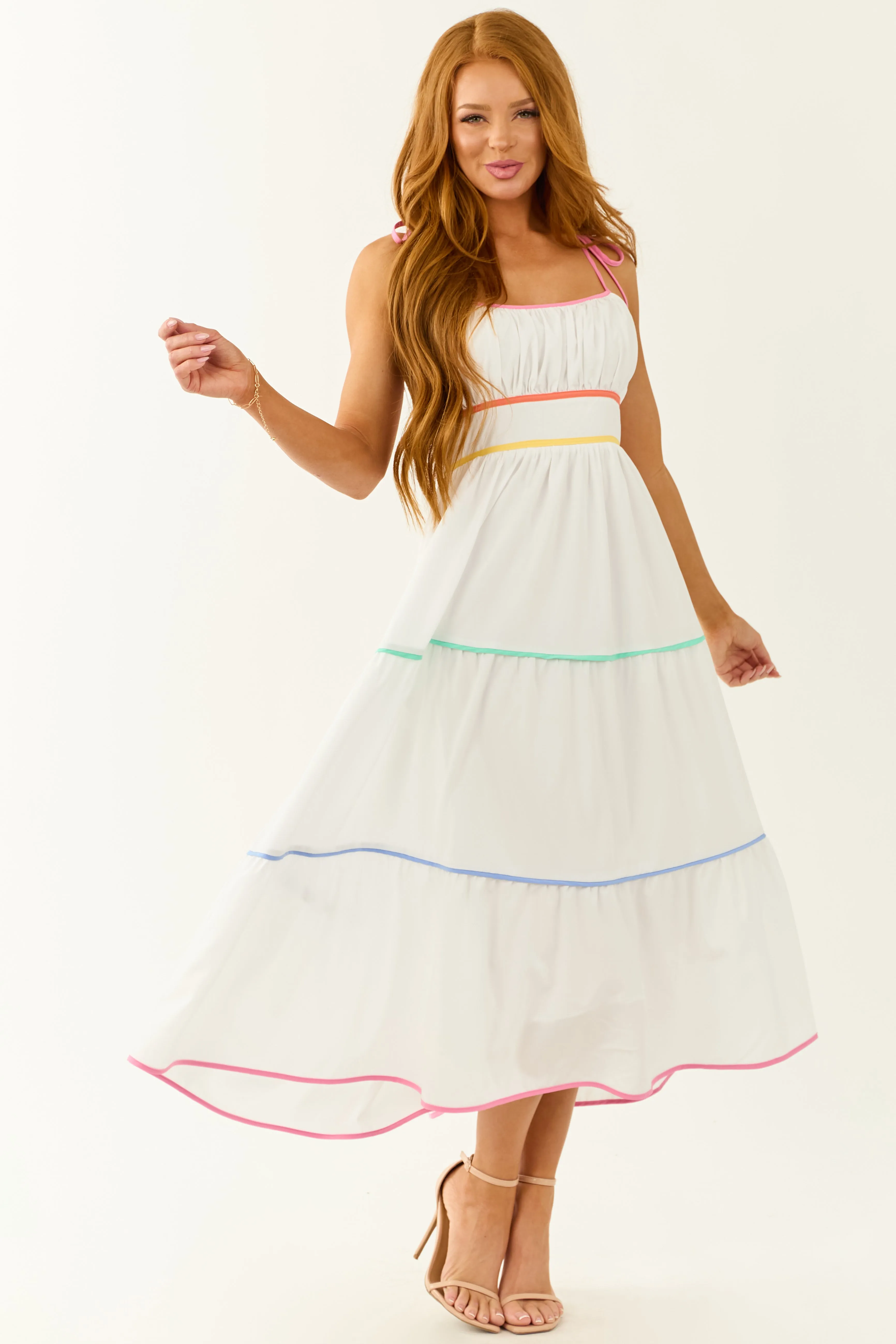 Entro Off White Tiered Sleeveless Midi Dress bold color