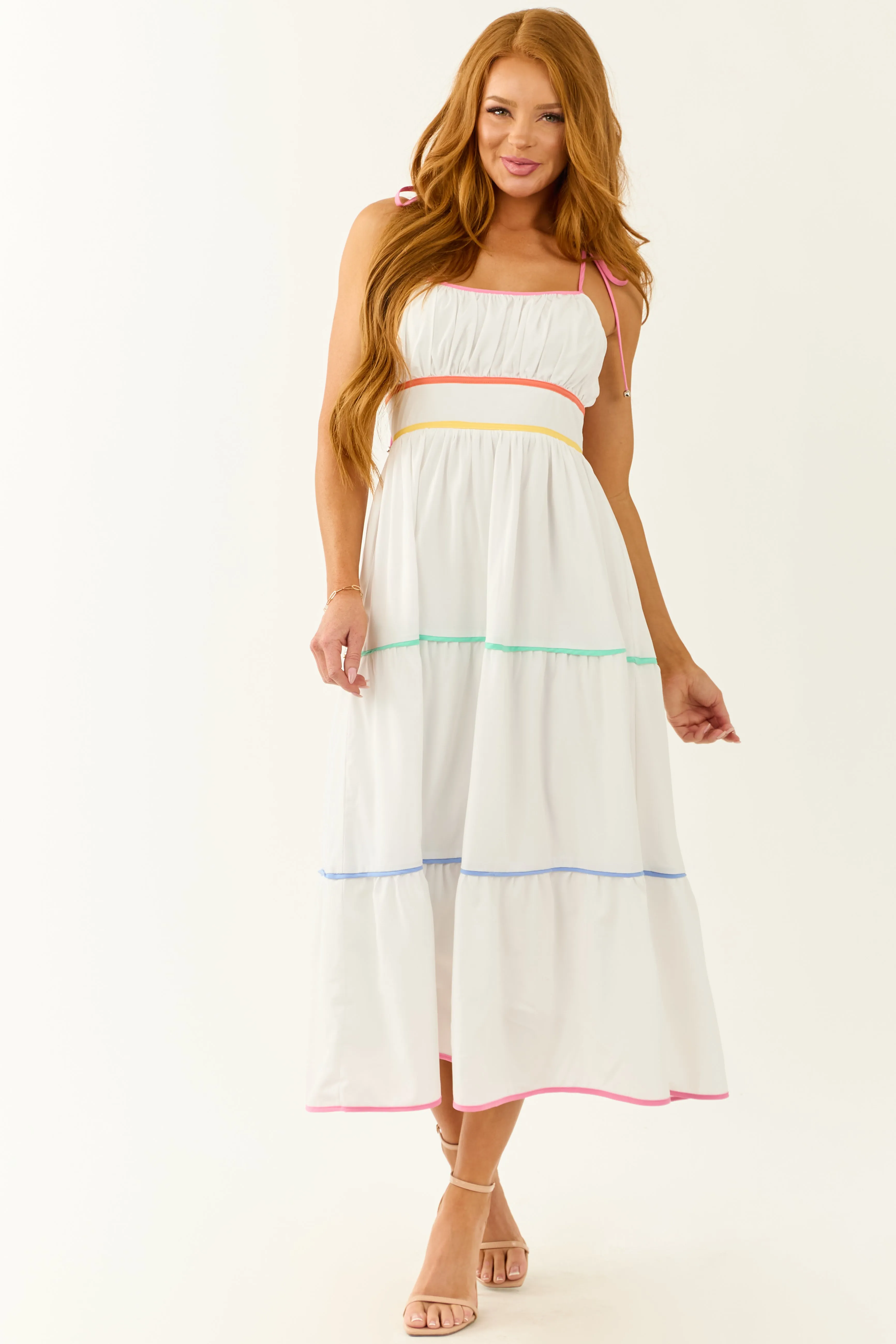 Entro Off White Tiered Sleeveless Midi Dress bold color