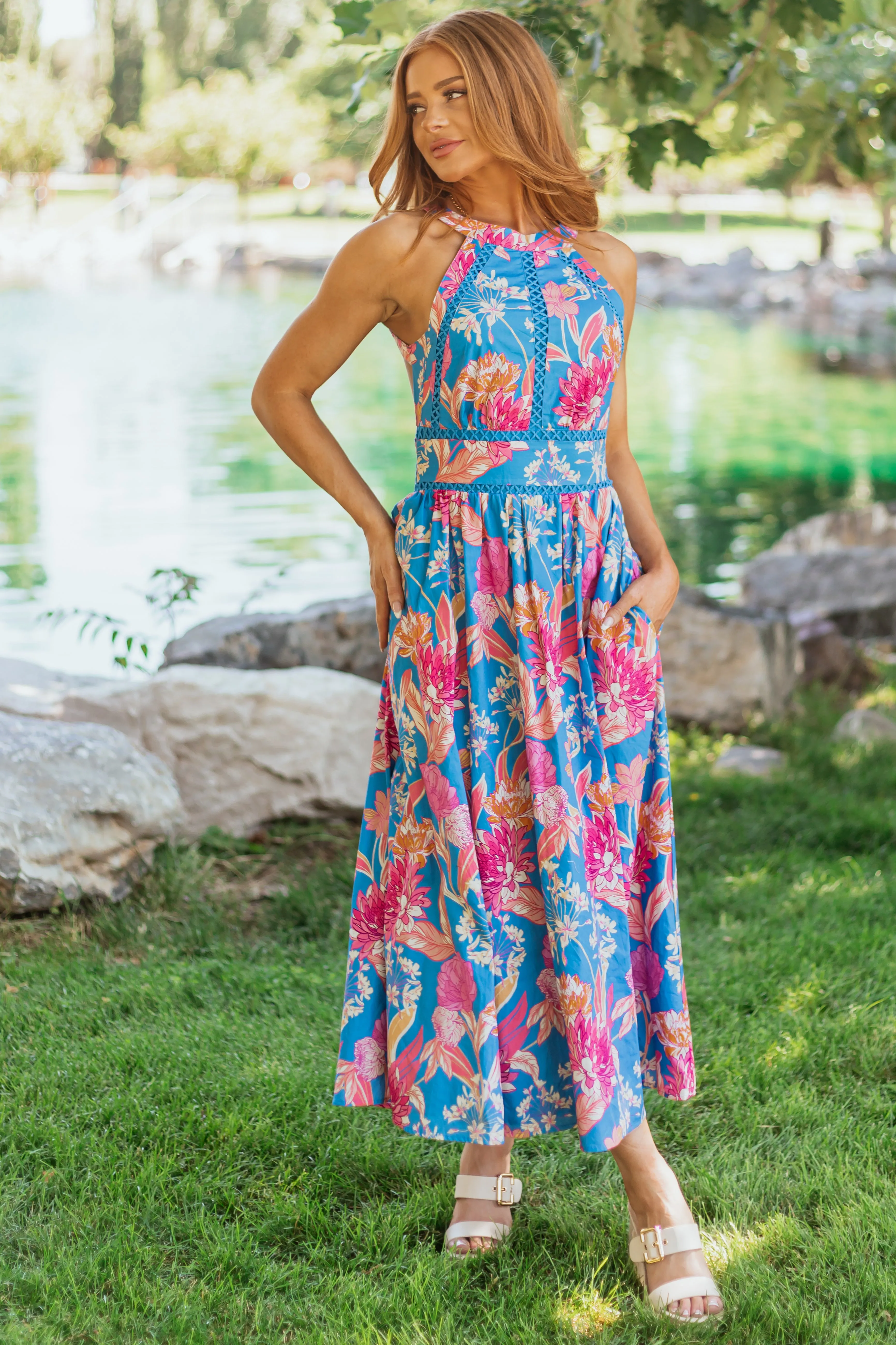 Flying Tomato Azure Floral Cotton Halter Midi Dress sweater dress