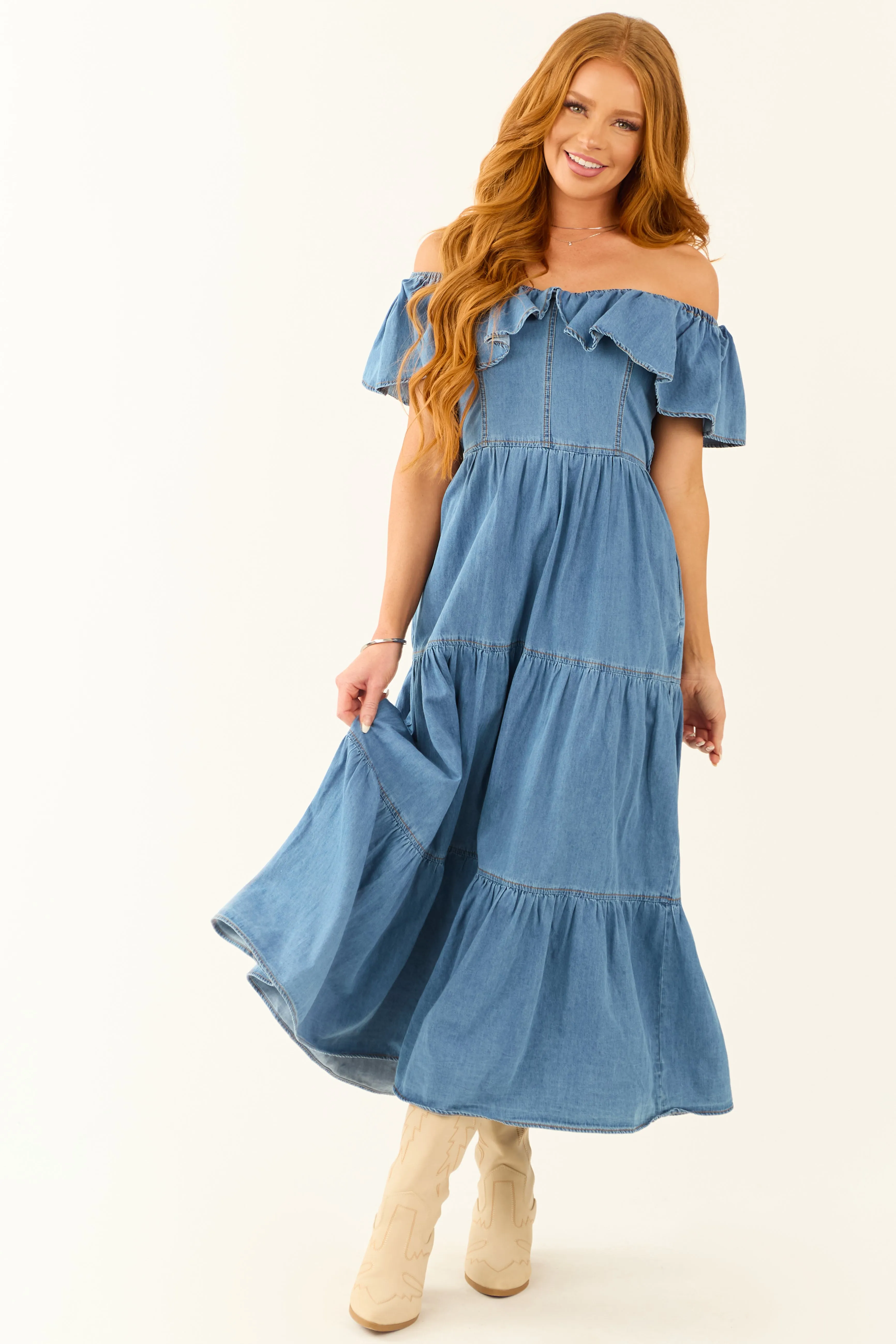 Flying Tomato Medium Wash Off Shoulder Midi Dress halter neck