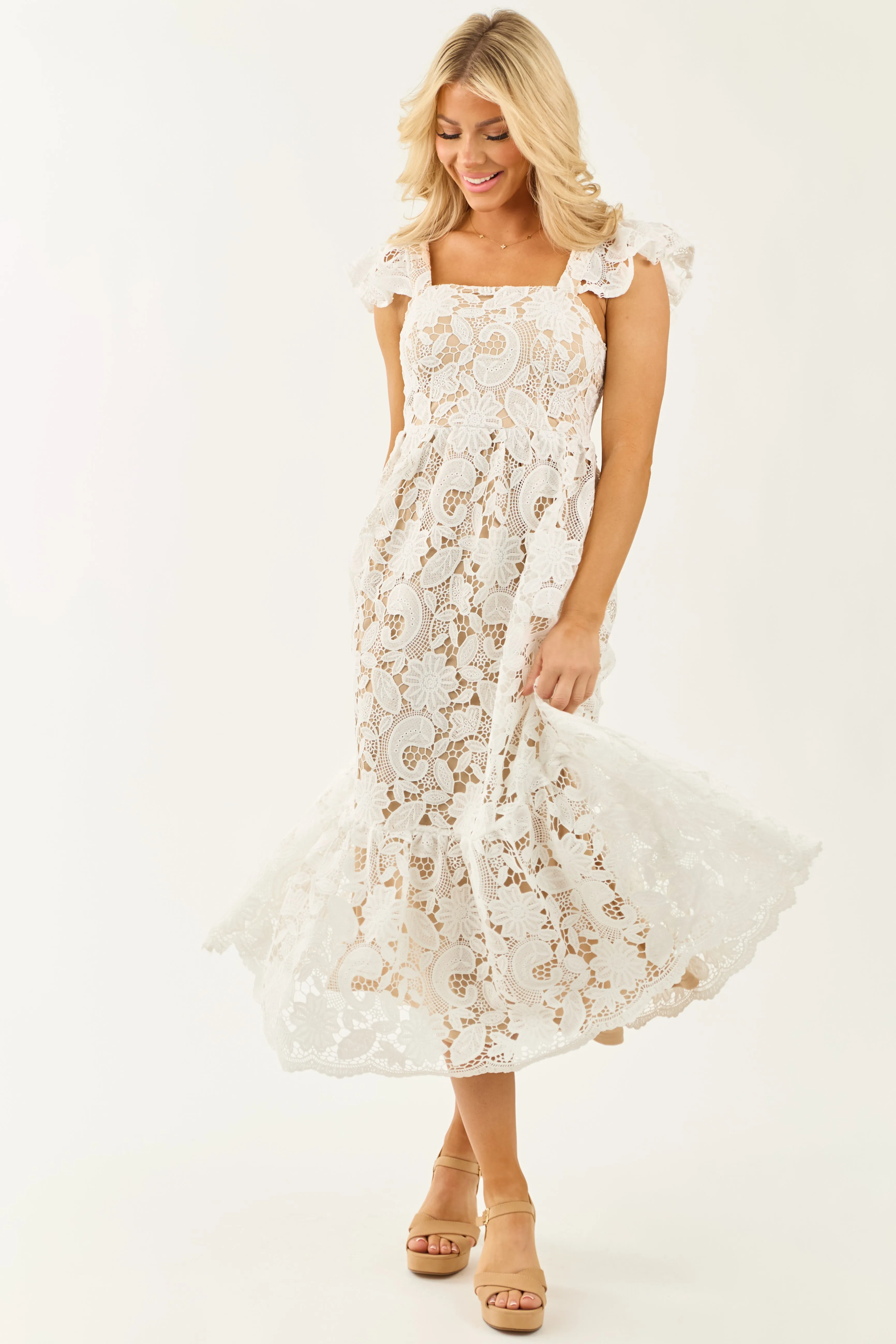 Flying Tomato Off White Floral Crochet Lace Midi Dress feminine touch