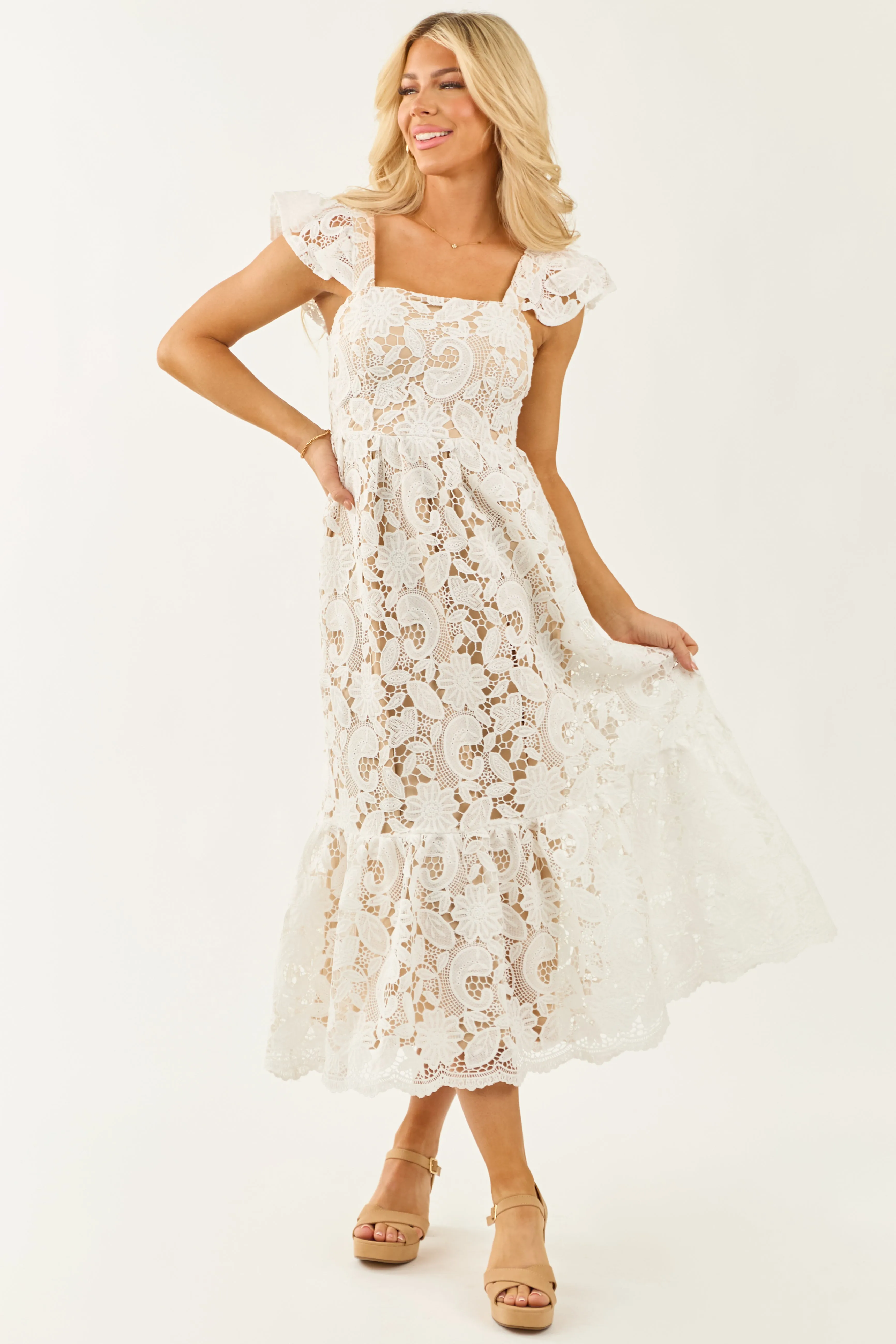 Flying Tomato Off White Floral Crochet Lace Midi Dress feminine touch