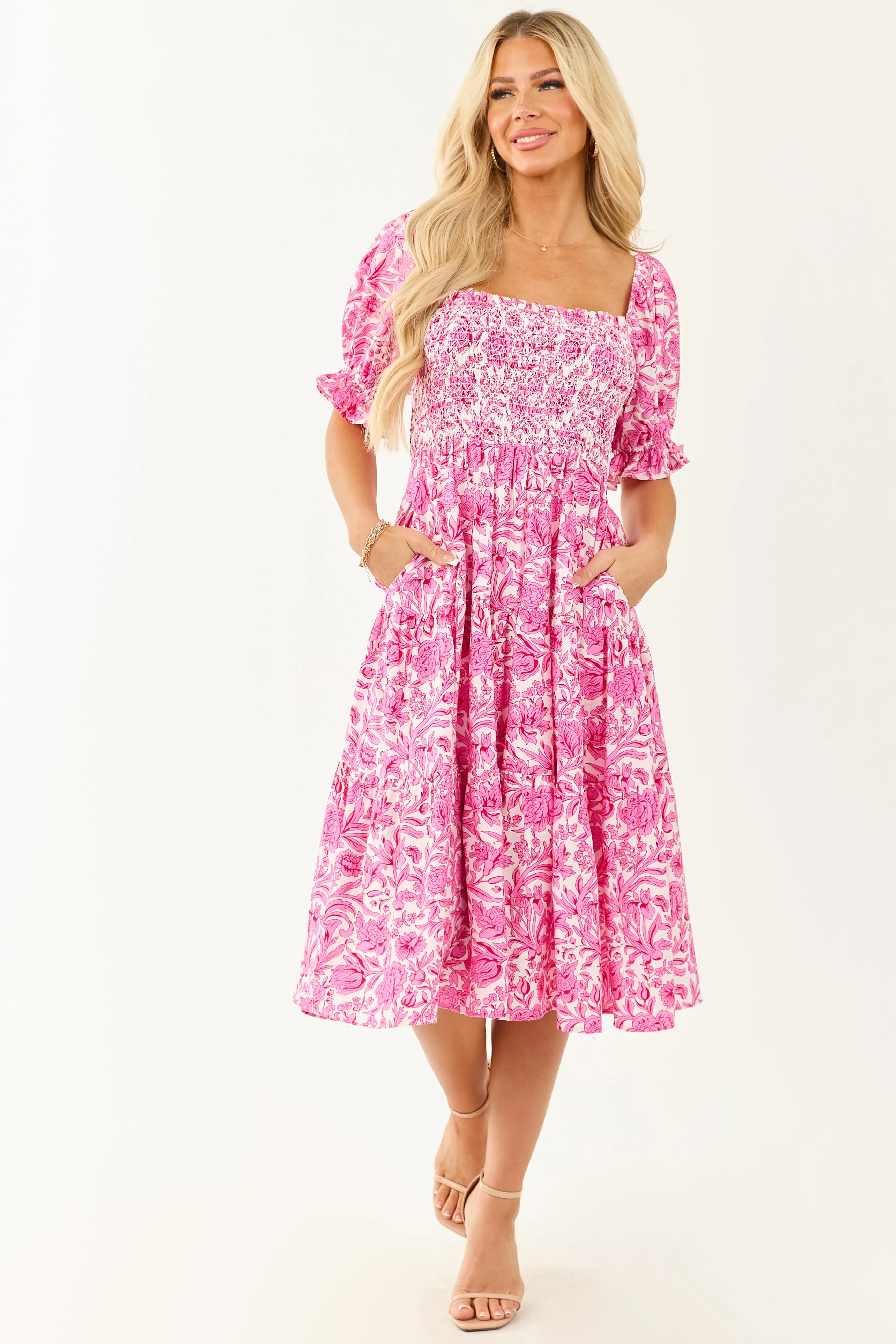 Fuchsia Floral Print Smocked Half Sleeve Midi Dress shift dress