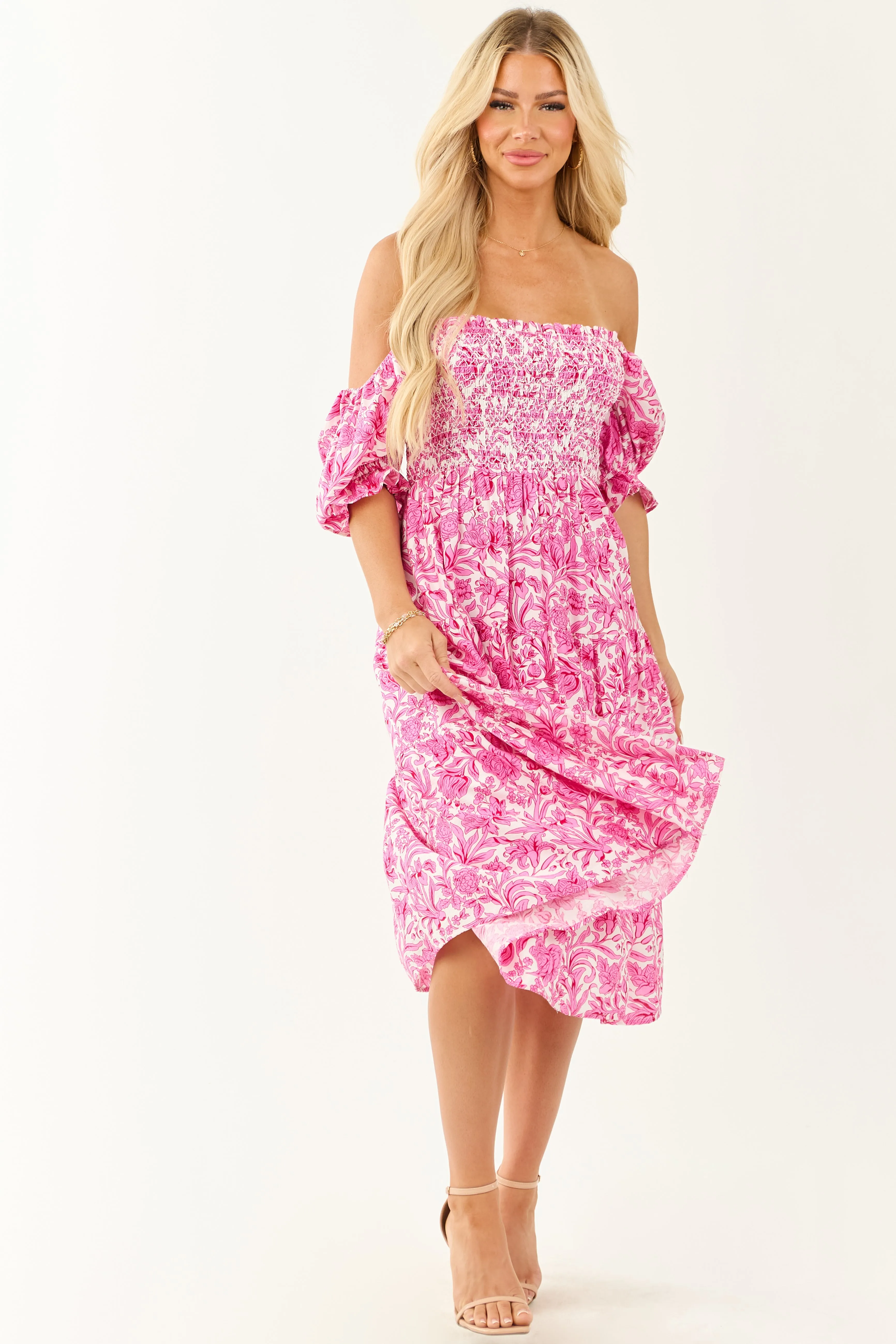 Fuchsia Floral Print Smocked Half Sleeve Midi Dress shift dress