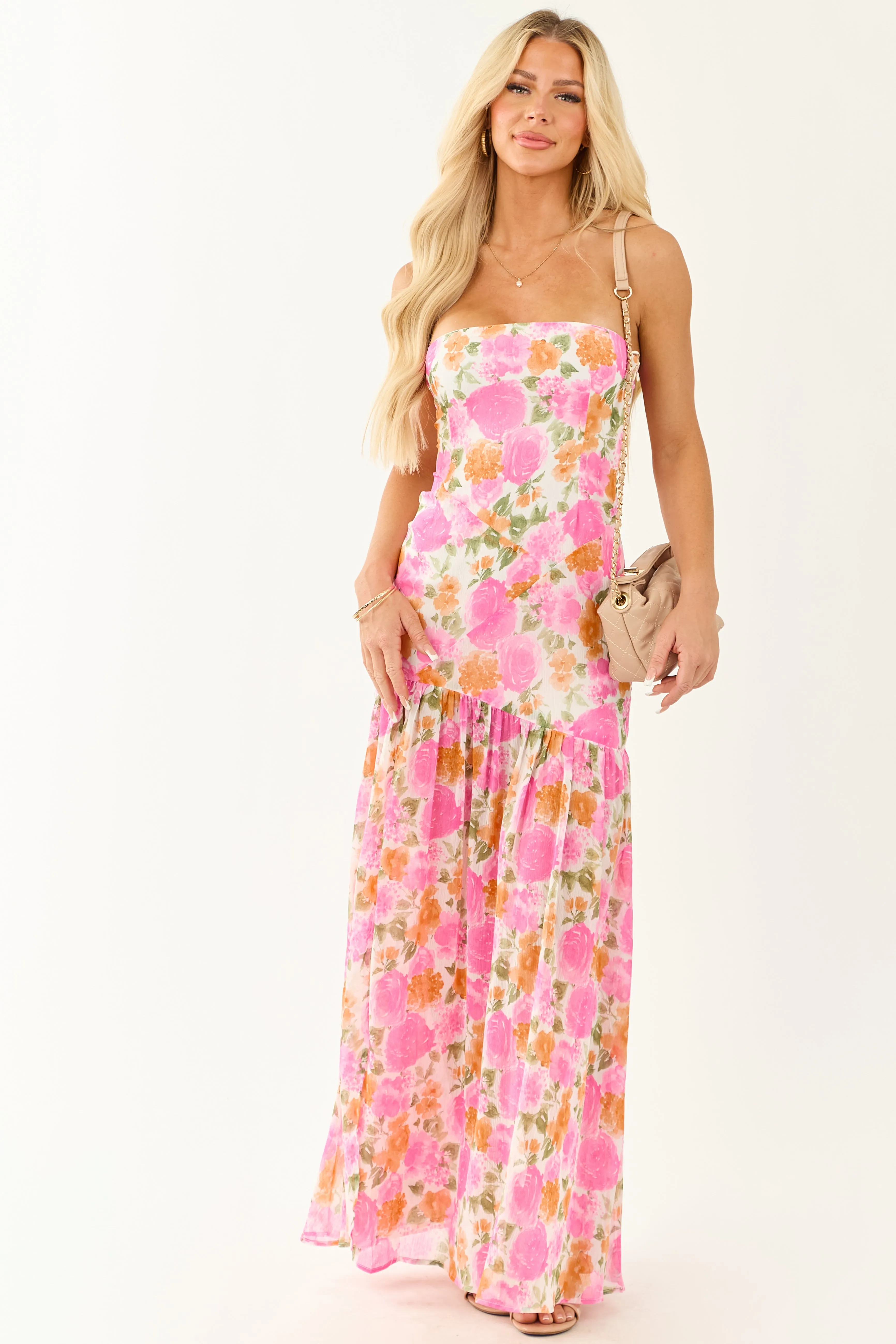 Fuchsia Floral Strapless Asymmetrical Maxi Dress versatile wear