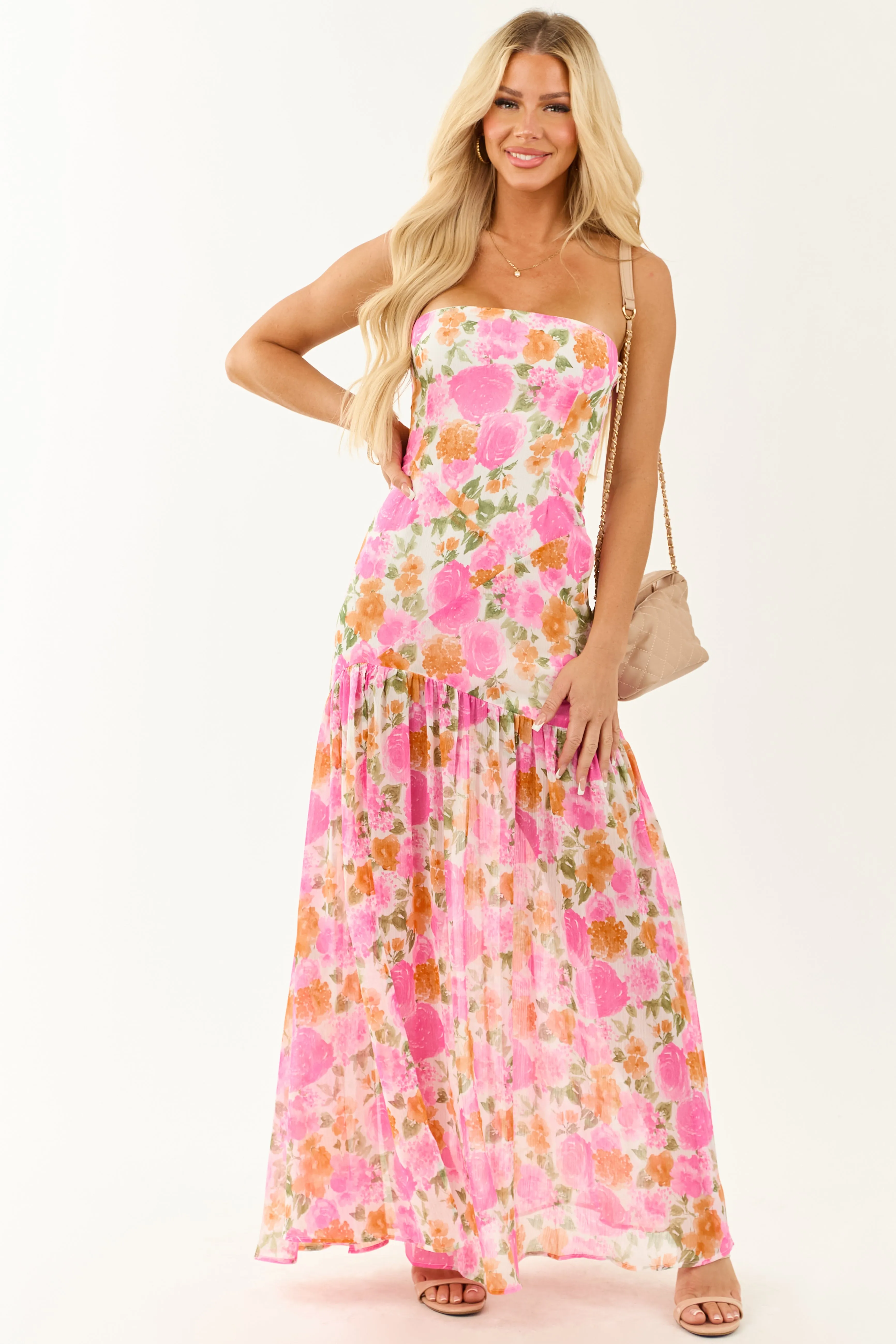 Fuchsia Floral Strapless Asymmetrical Maxi Dress versatile wear
