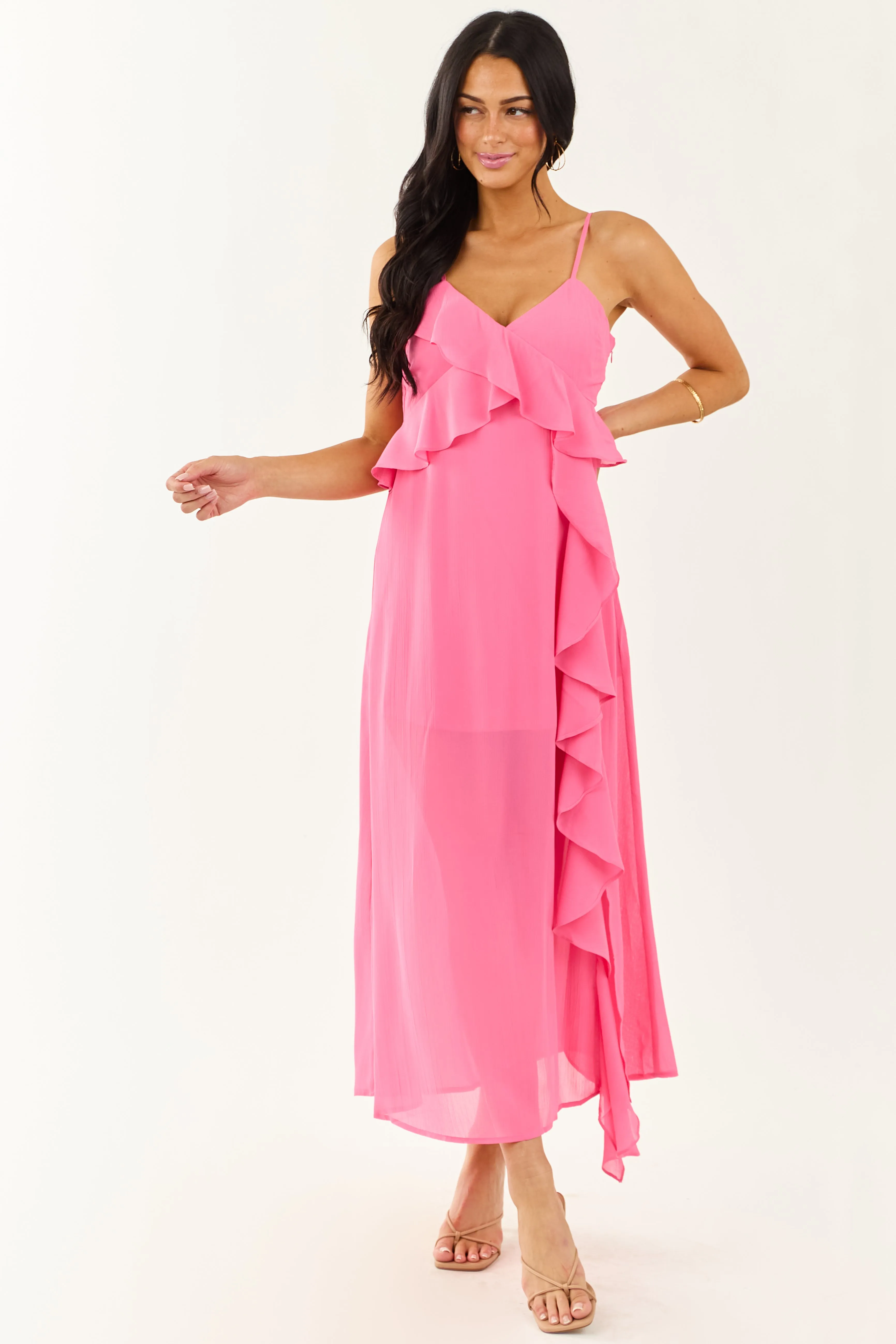 Fuchsia Ruffle Side Slit Chiffon Maxi Dress metallic finish