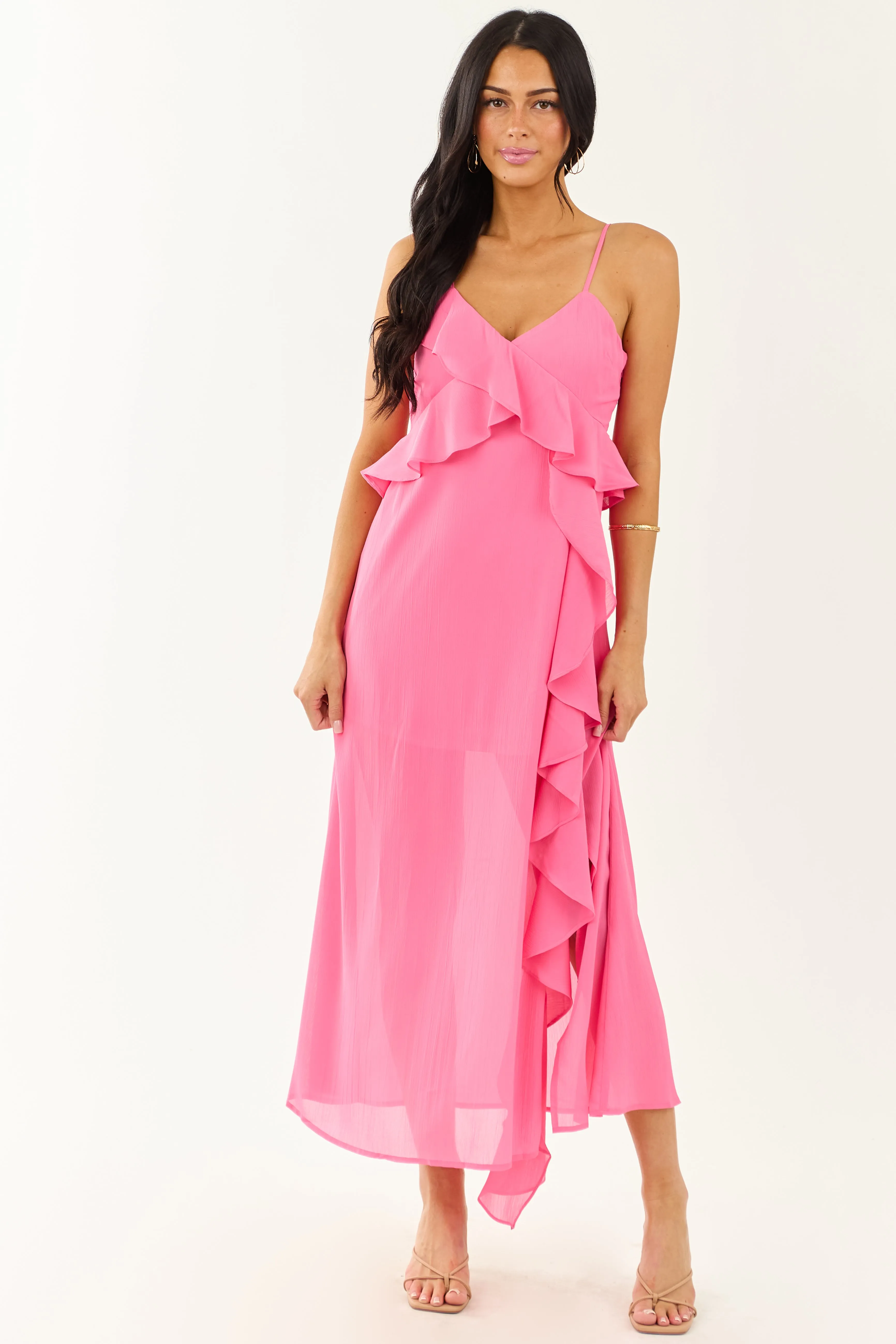 Fuchsia Ruffle Side Slit Chiffon Maxi Dress metallic finish